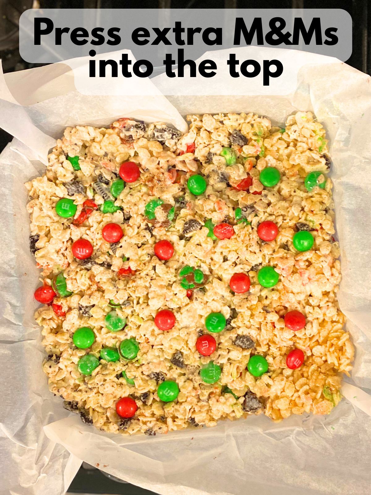 extra M&Ms pressed into the top of rice krispie treats