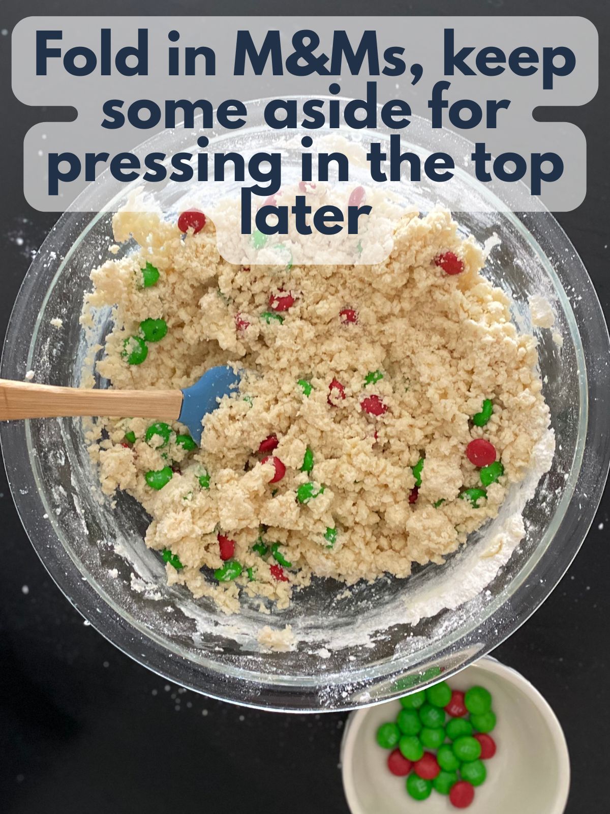 some M&Ms folded into shortbread dough and some kept aside