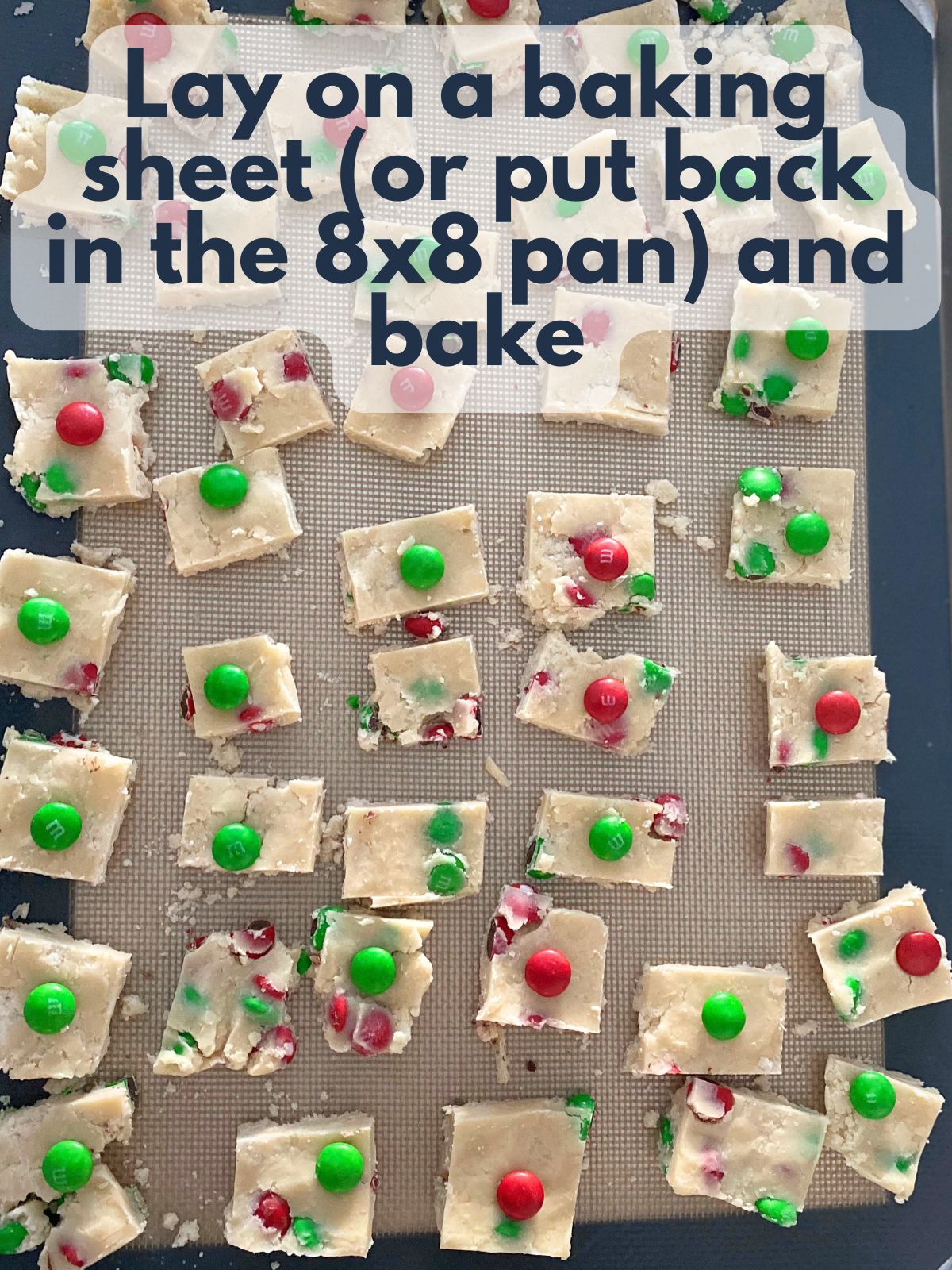 Cut shortbread bites on a baking sheet