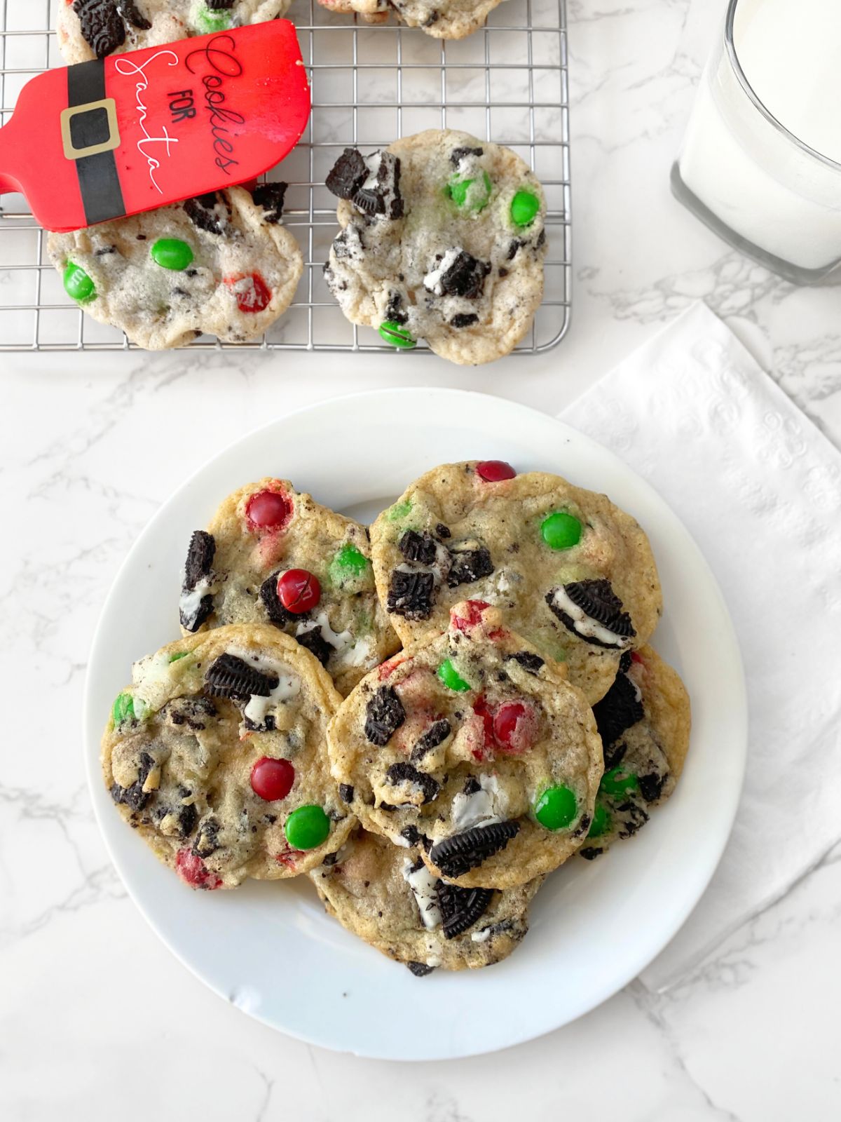 cookies with Oreo chunks and red and green M&Ms