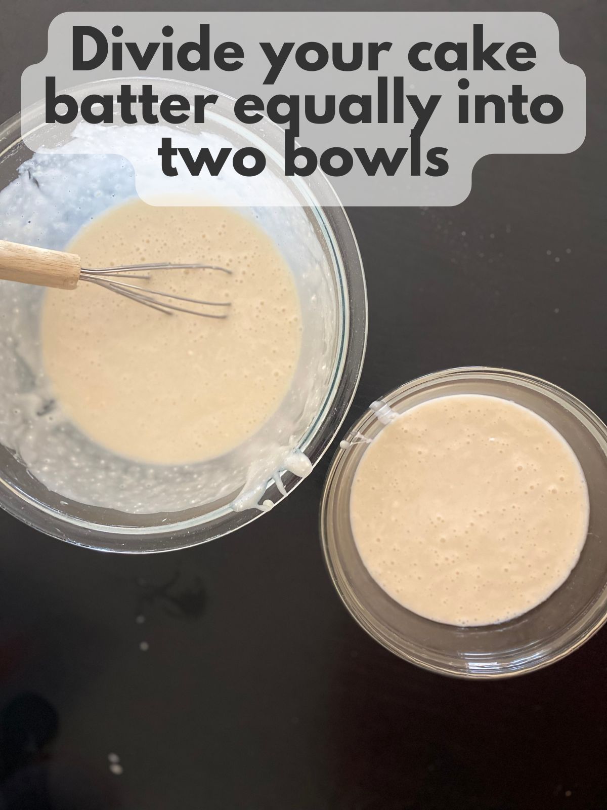 white cake batter split evenly between 2 bowls