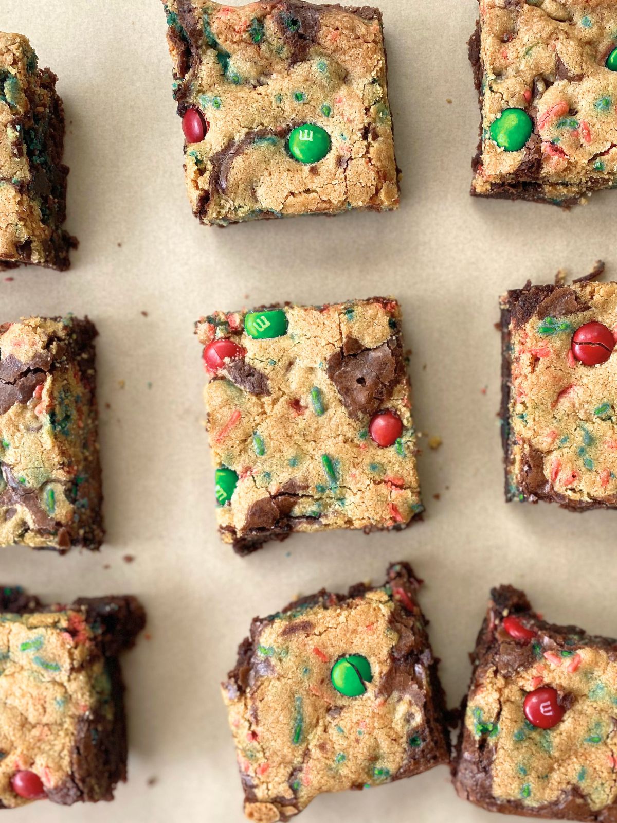 brookies with Christmas sprinkles and red and green M&Ms