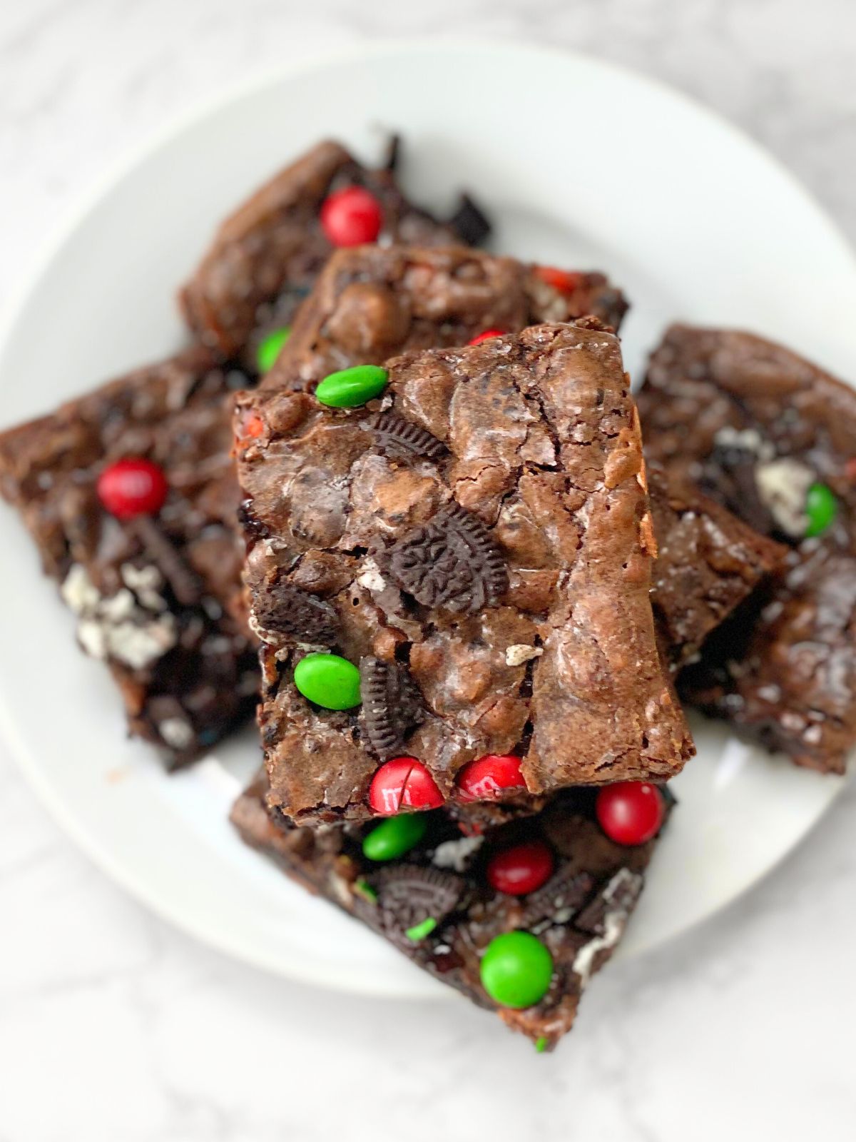 brownies with Oreo chunks and red and green M&Ms