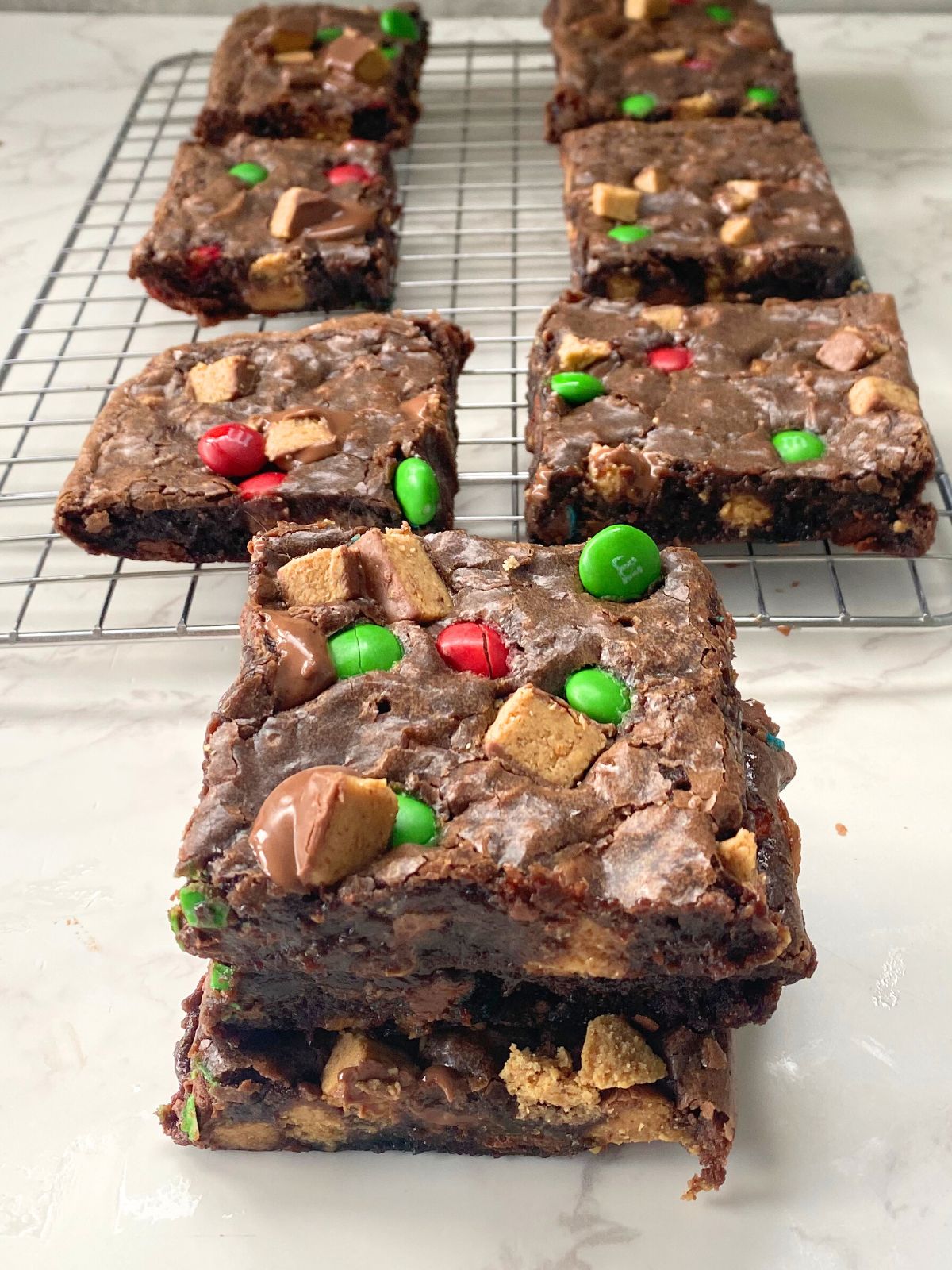brownies with peanut butter cups and red and green M&Ms