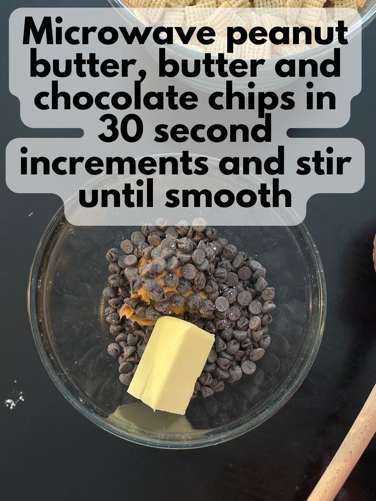 chocolate chips, peanut butter and butter in a bowl