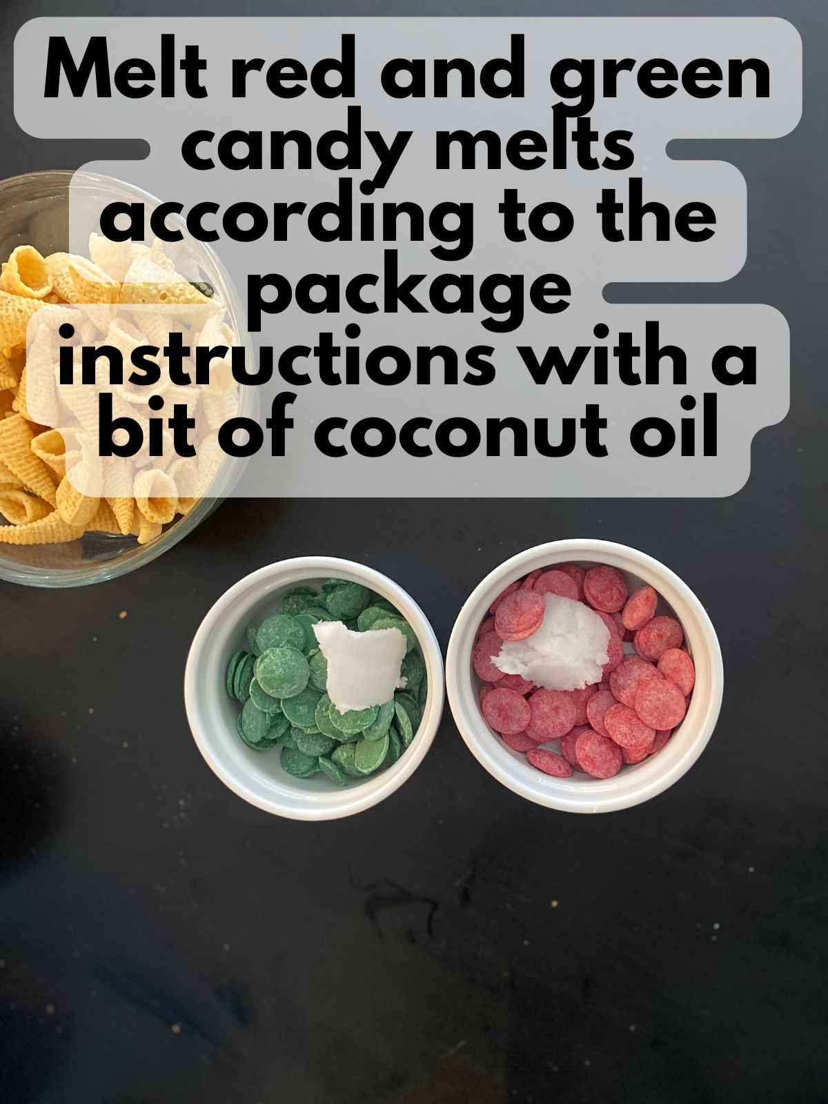 red and green candy melts in bowls with a bit of coconut oil