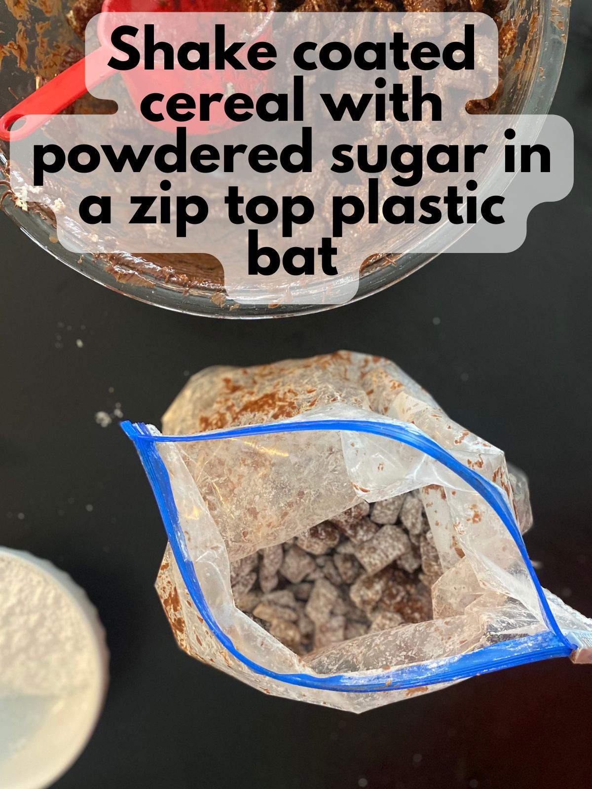 nut free puppy chow coated in powdered sugar in a bag