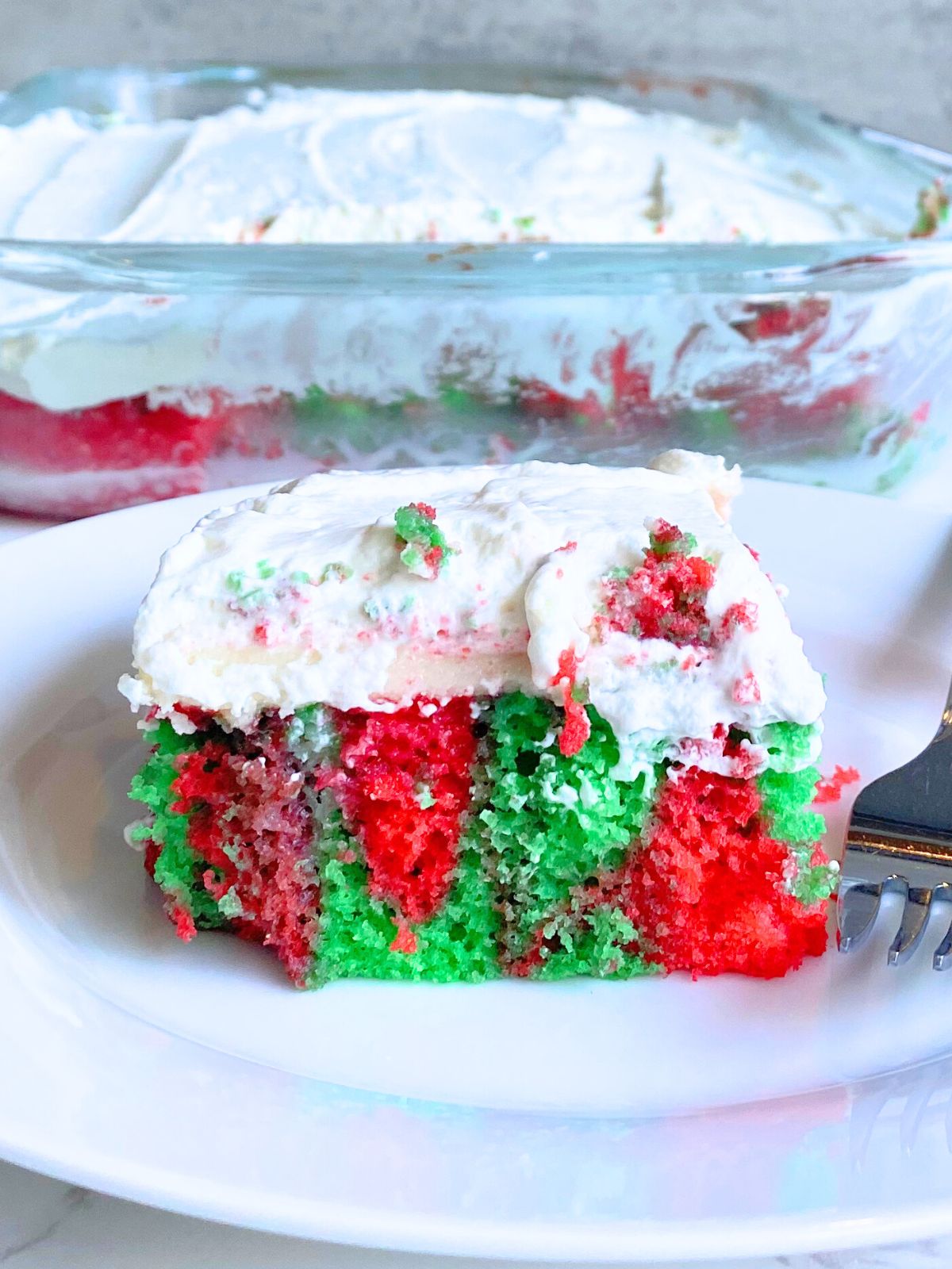 red and green Christmas poke cake 