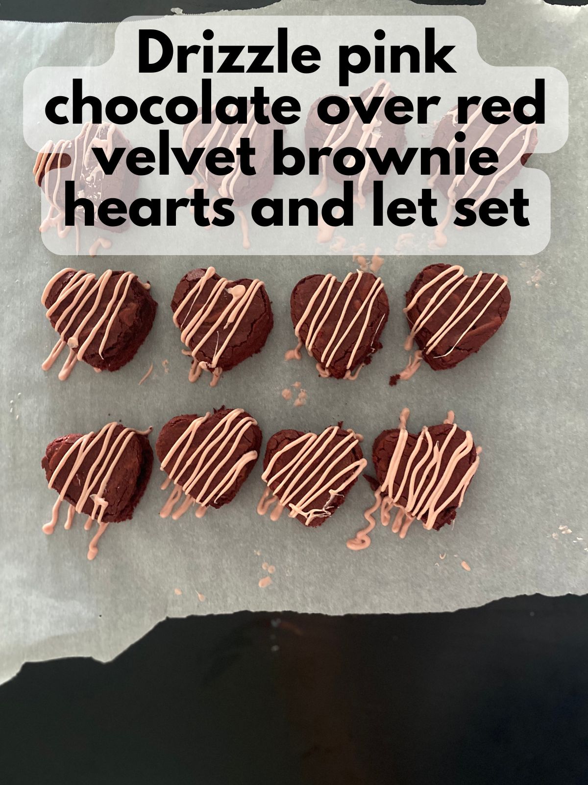 red velvet brownie hearts drizzled with pink chocolate