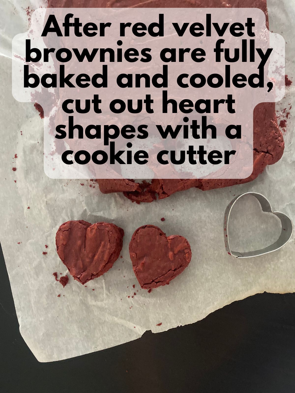 red velvet brownies cut into heart shapes