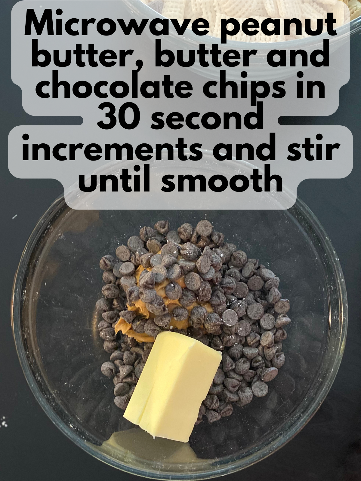 chocolate chips, peanut butter and butter in bowl