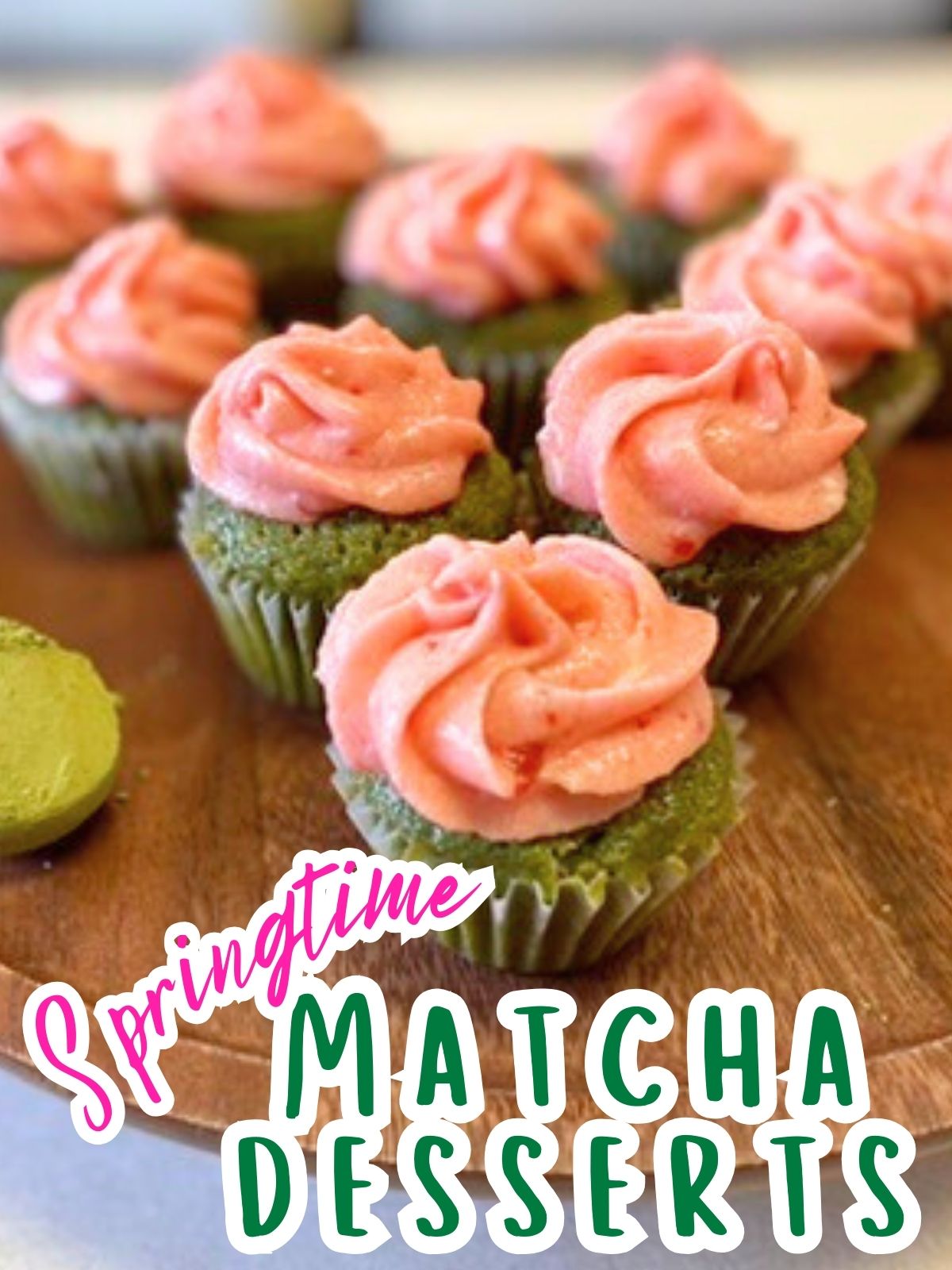 mini matcha cupcakes with strawberry frosting
