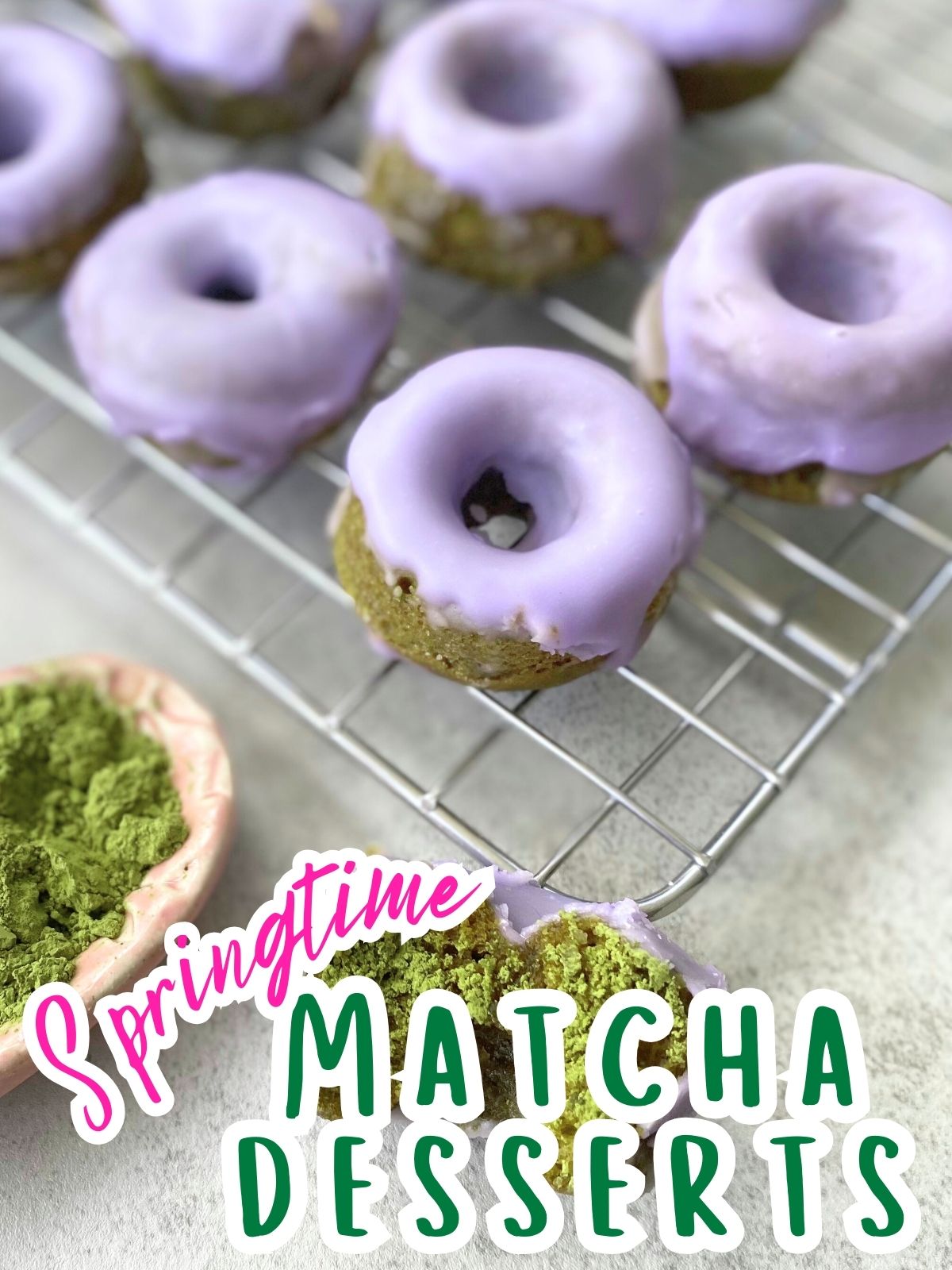 mini matcha donuts with lavender glaze