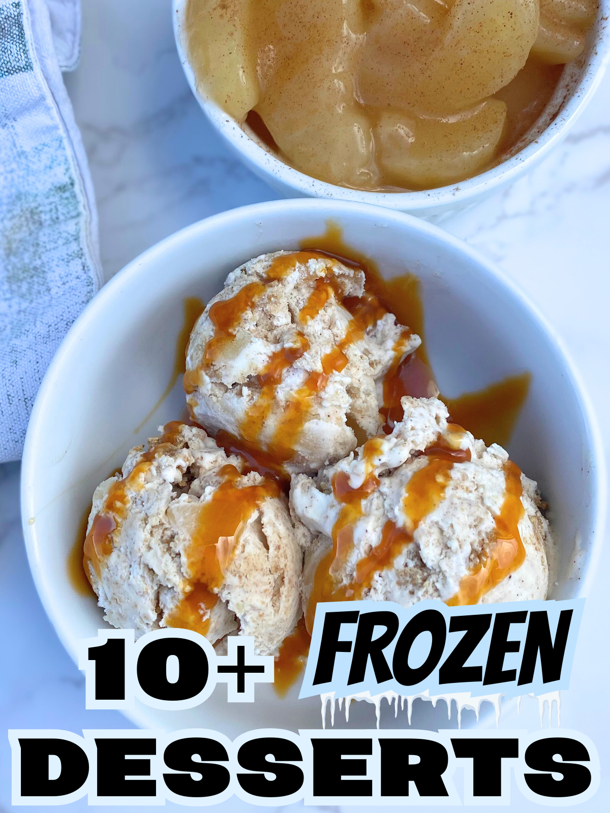 apple pie ice cream drizzled in caramel in a bowl