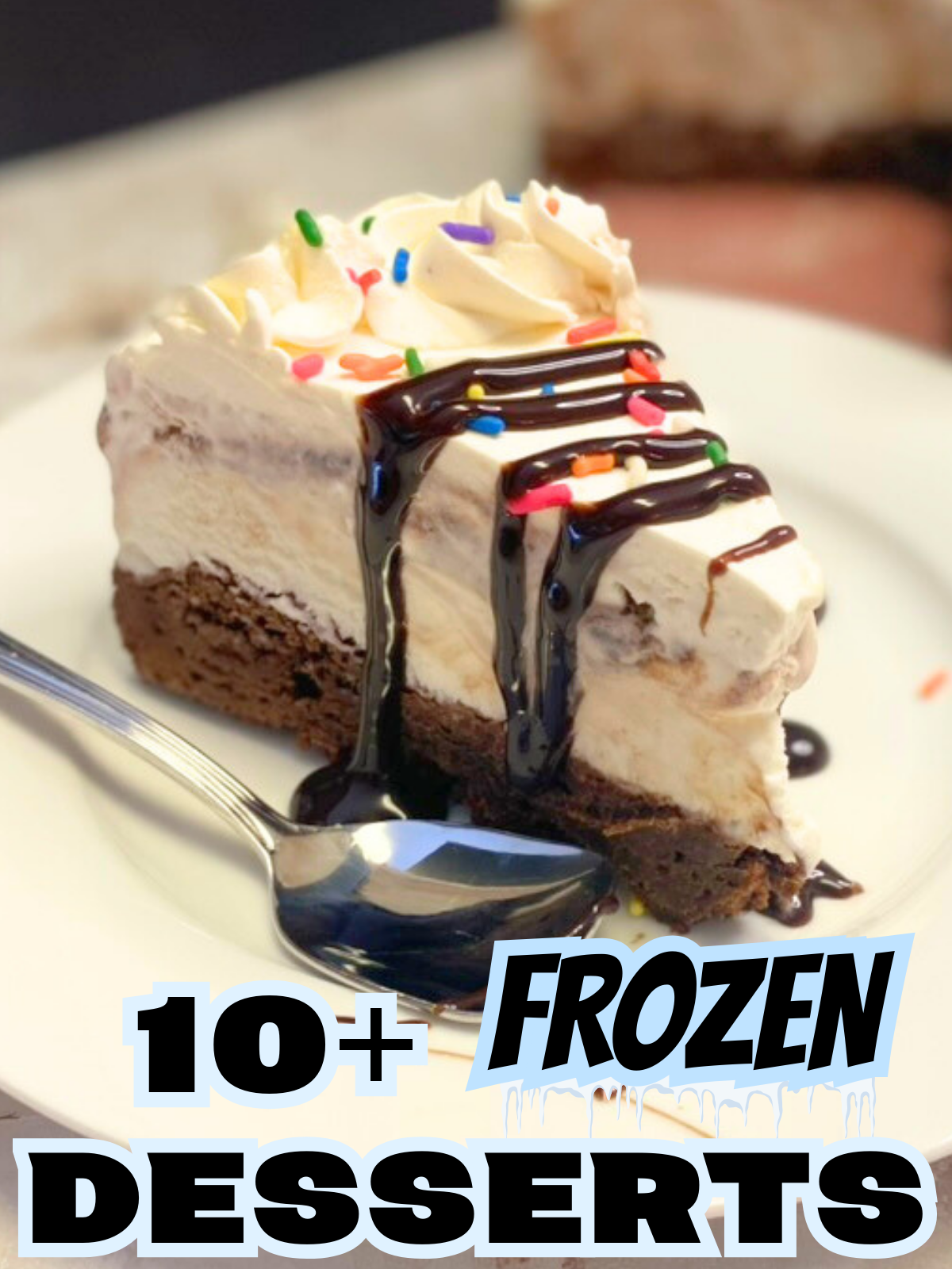 brownie ice cream sundae cake drizzled in chocolate syrup on a plate