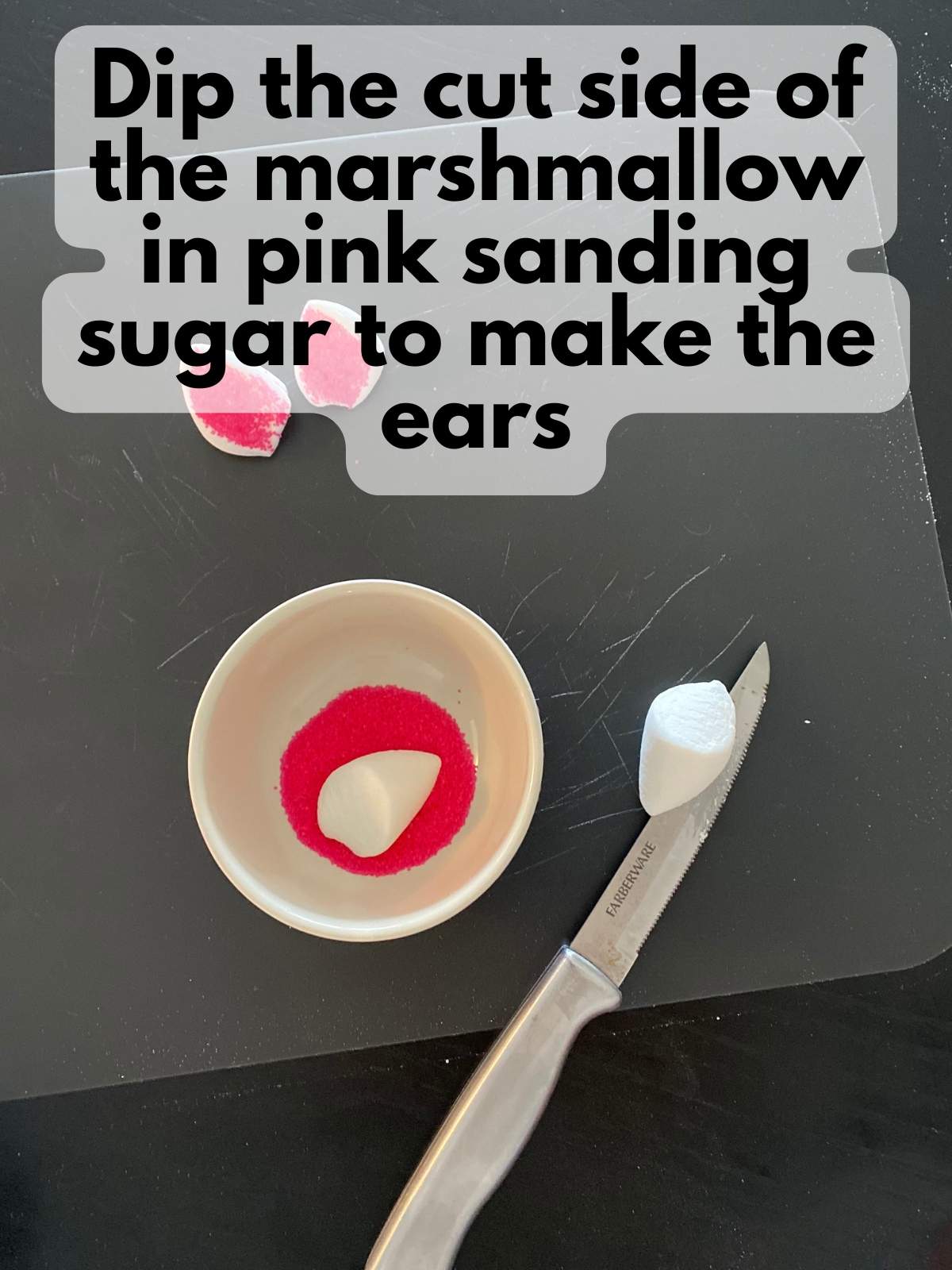 cut marshmallow dipped in pink sanding sugar