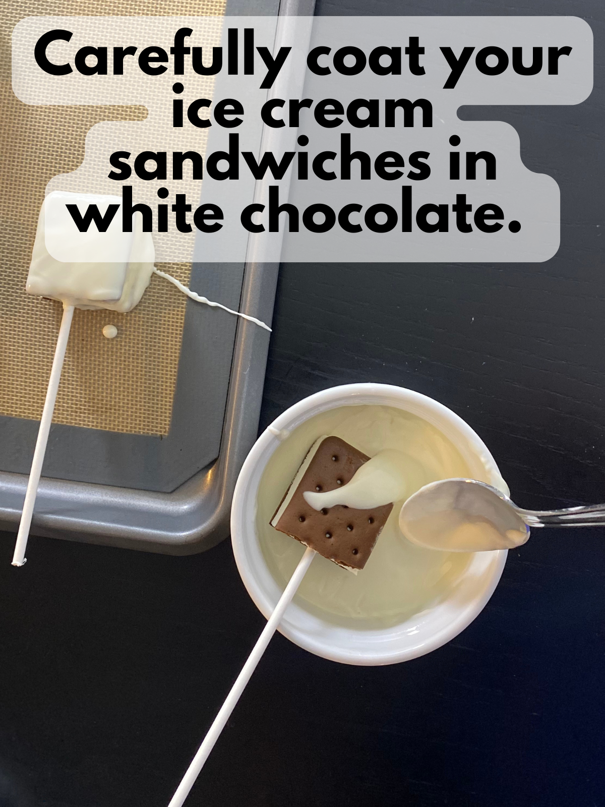ice cream sandwich being dipped in melted white chocolate