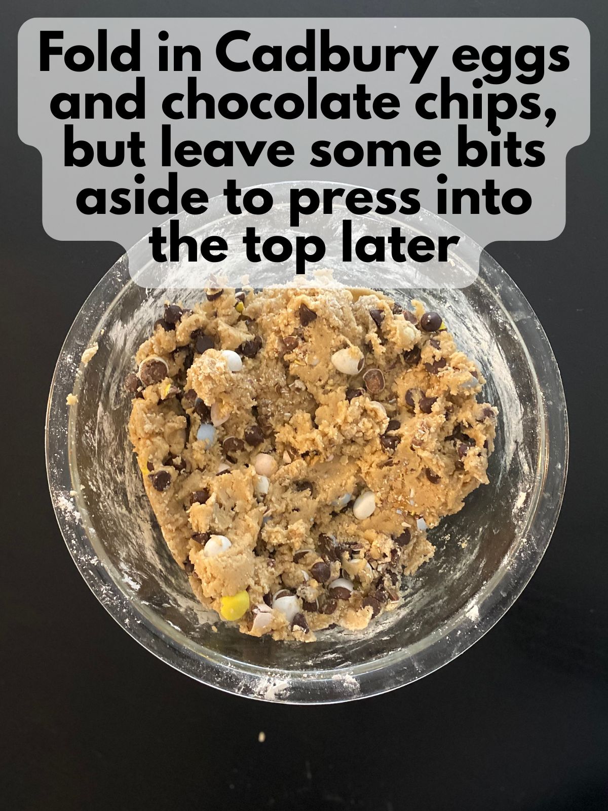 cadbury eggs and chocolate chips folded into dough