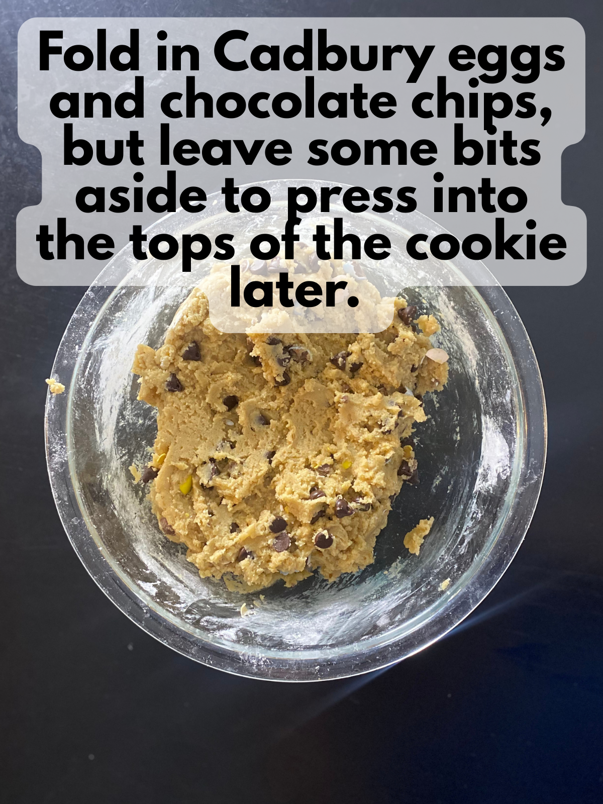 cadbury eggs and chocolate chips folded into dough