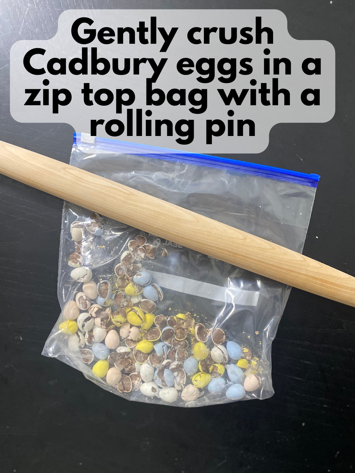 cadbury eggs crushed in a plastic zip top bag