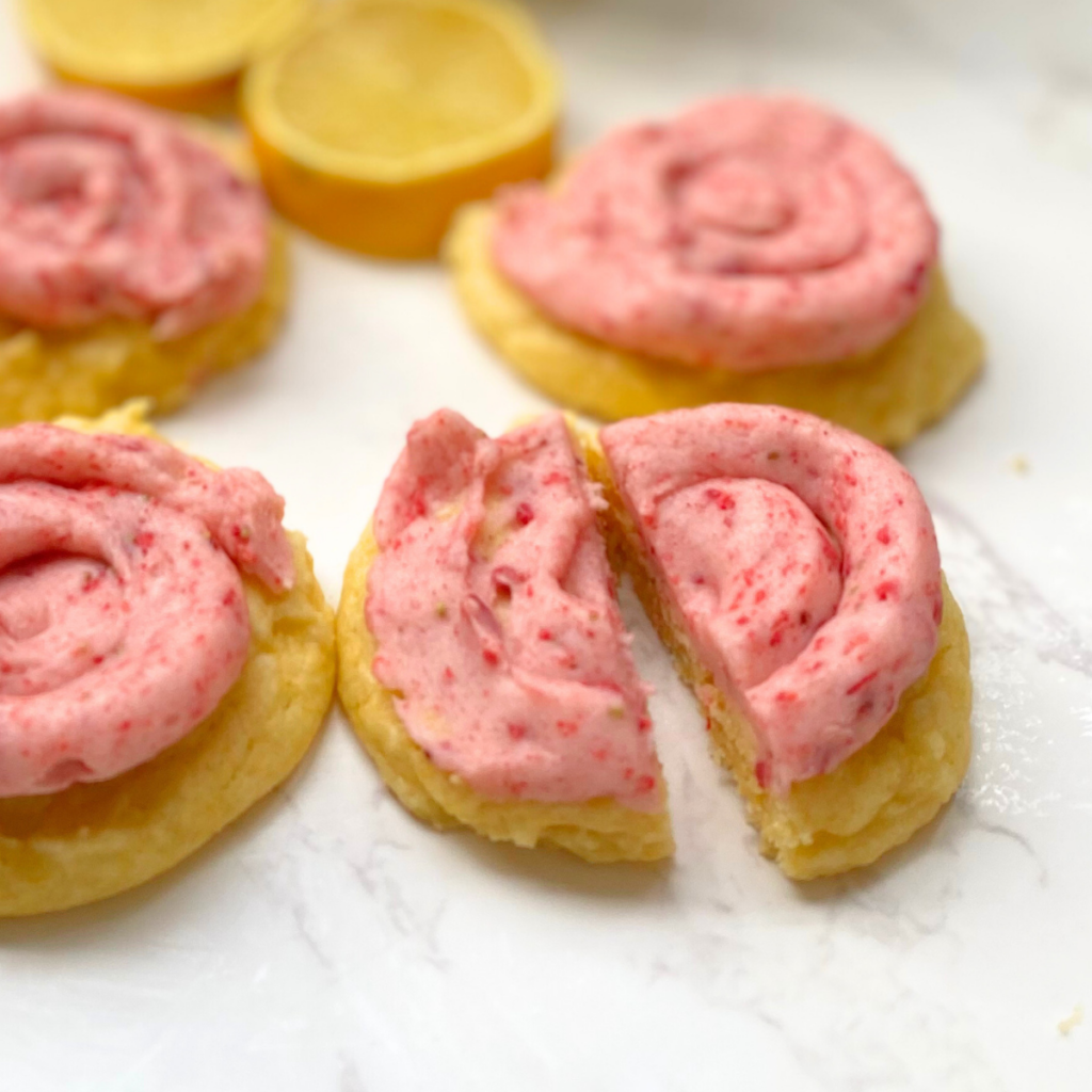 lemon cake mix cookies with strawberry frosting