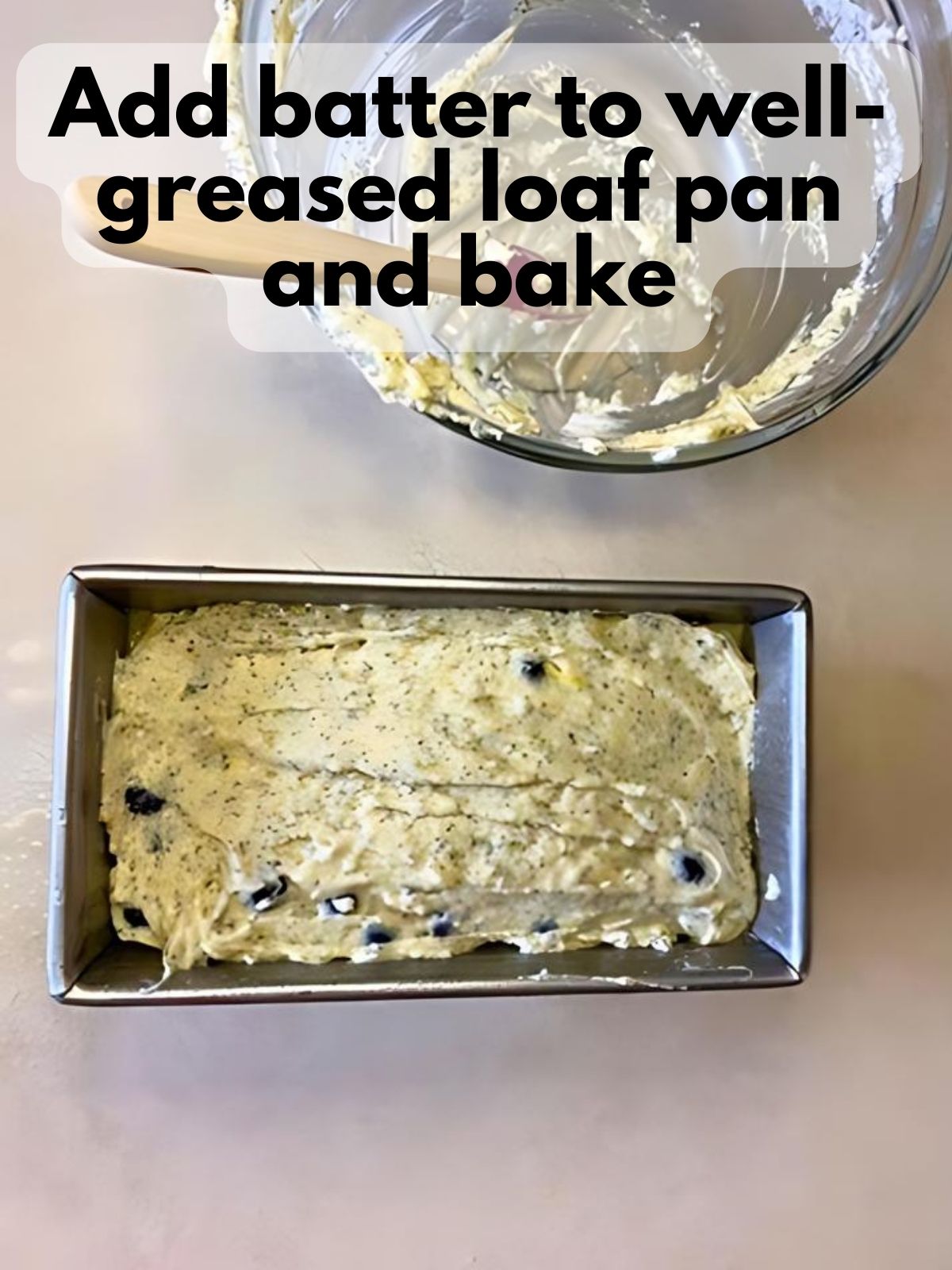 lemon blueberry bread in a loaf pan