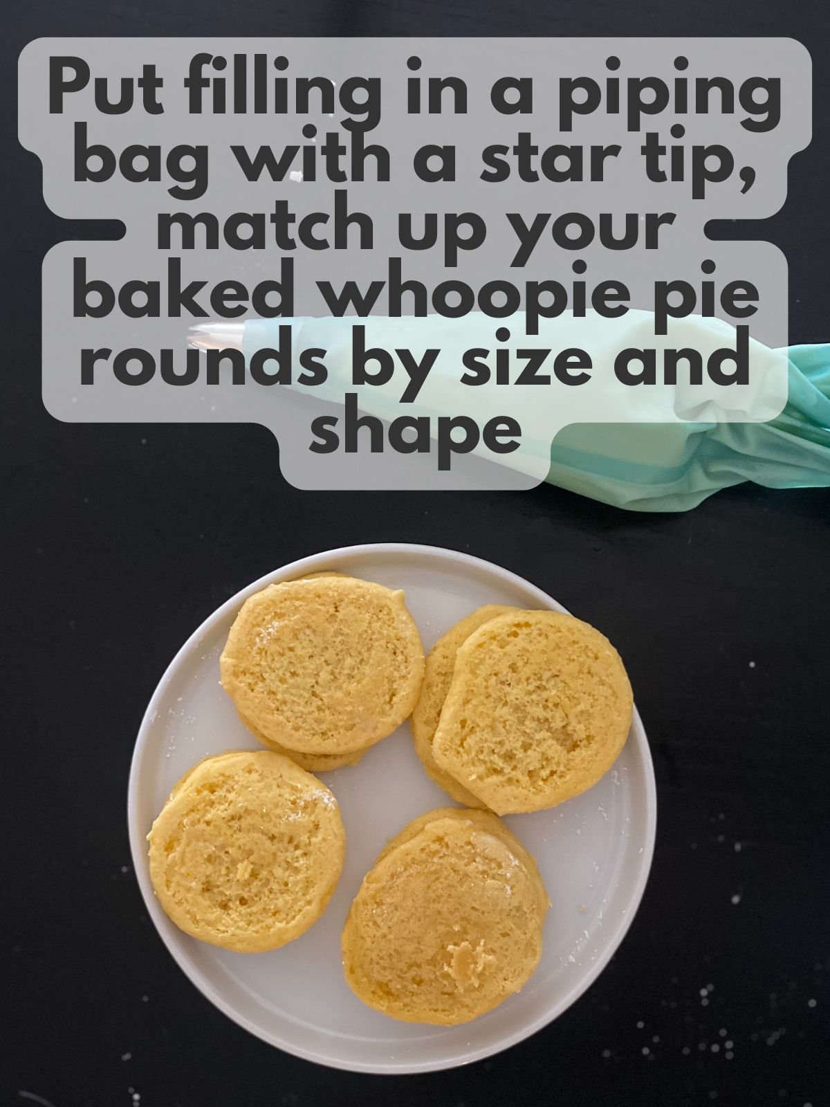 lemon whoopie pie rounds matched up and vanilla filling in a piping bag
