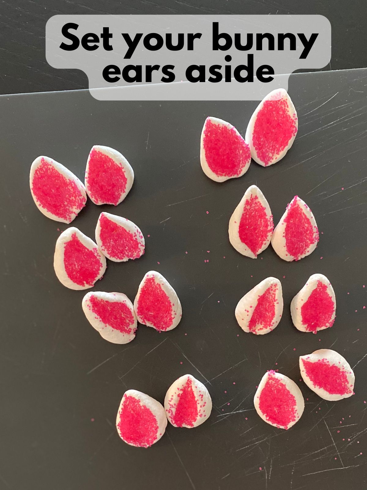 Easter bunny ears made of marshmallows and pink sanding sugar
