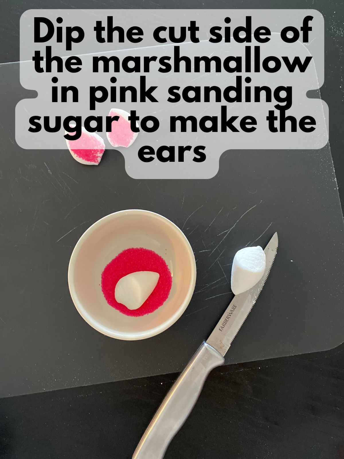 cut marshmallow dipped in pink sanding sugar
