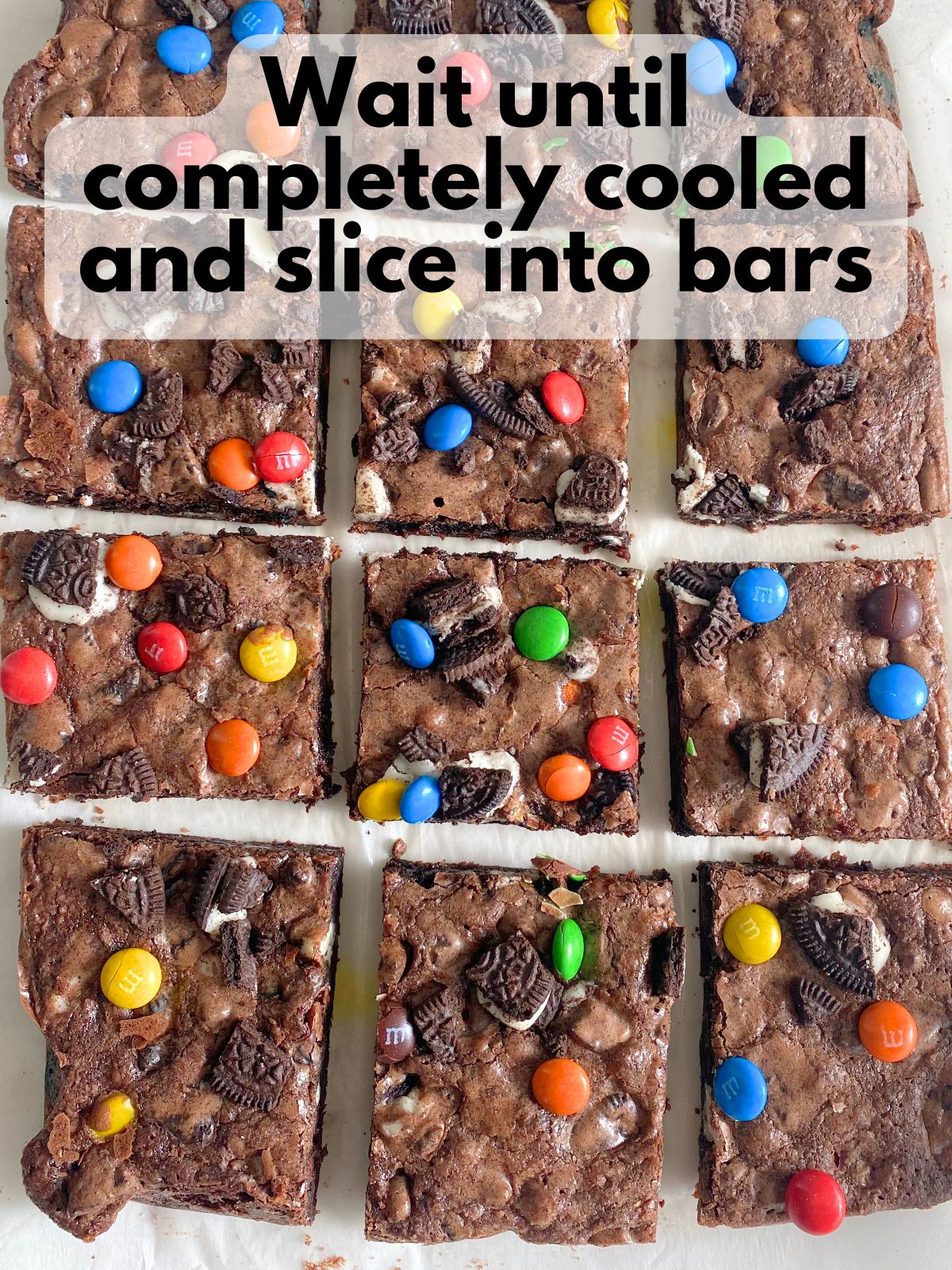 M&M Oreo brownies sliced into bars
