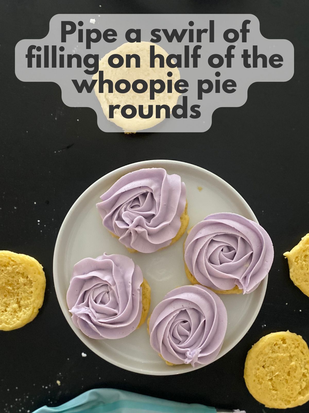 lavender filling piped on top of whoopie pie rouns