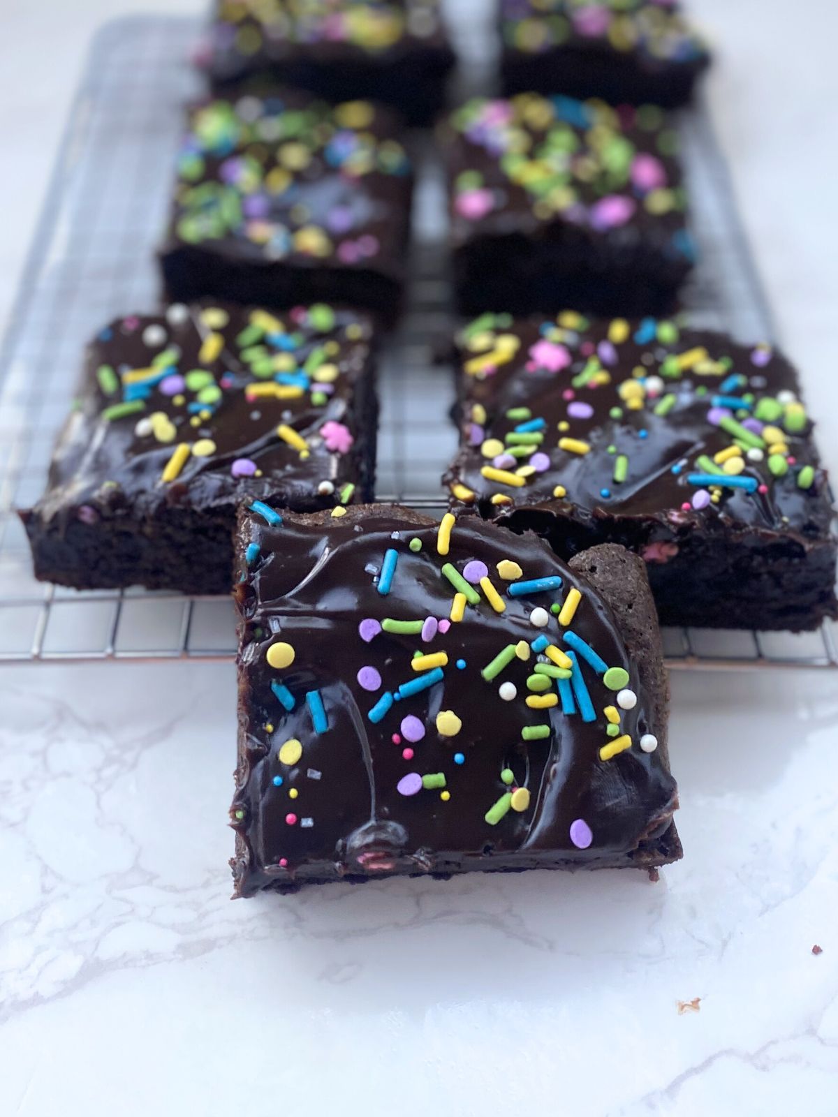 springtime brownies on a cooling rack