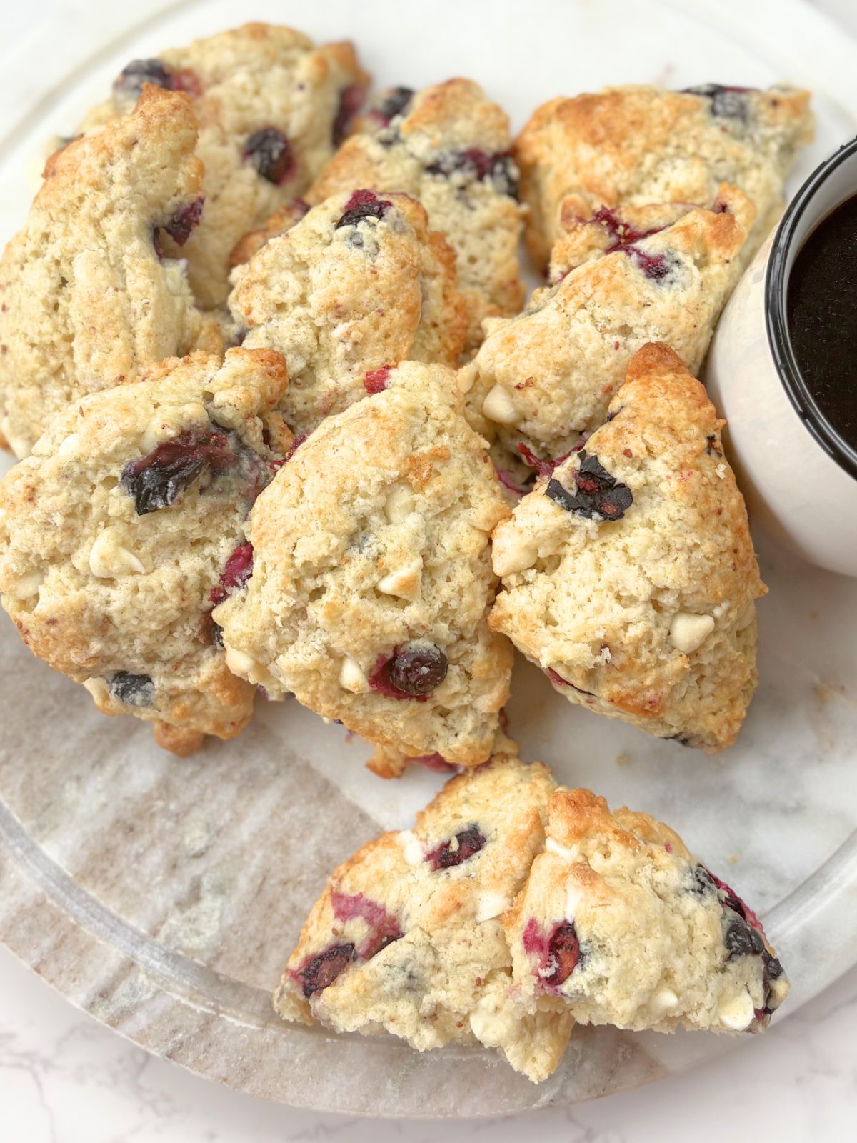 blueberry white chocolate scones on a tray