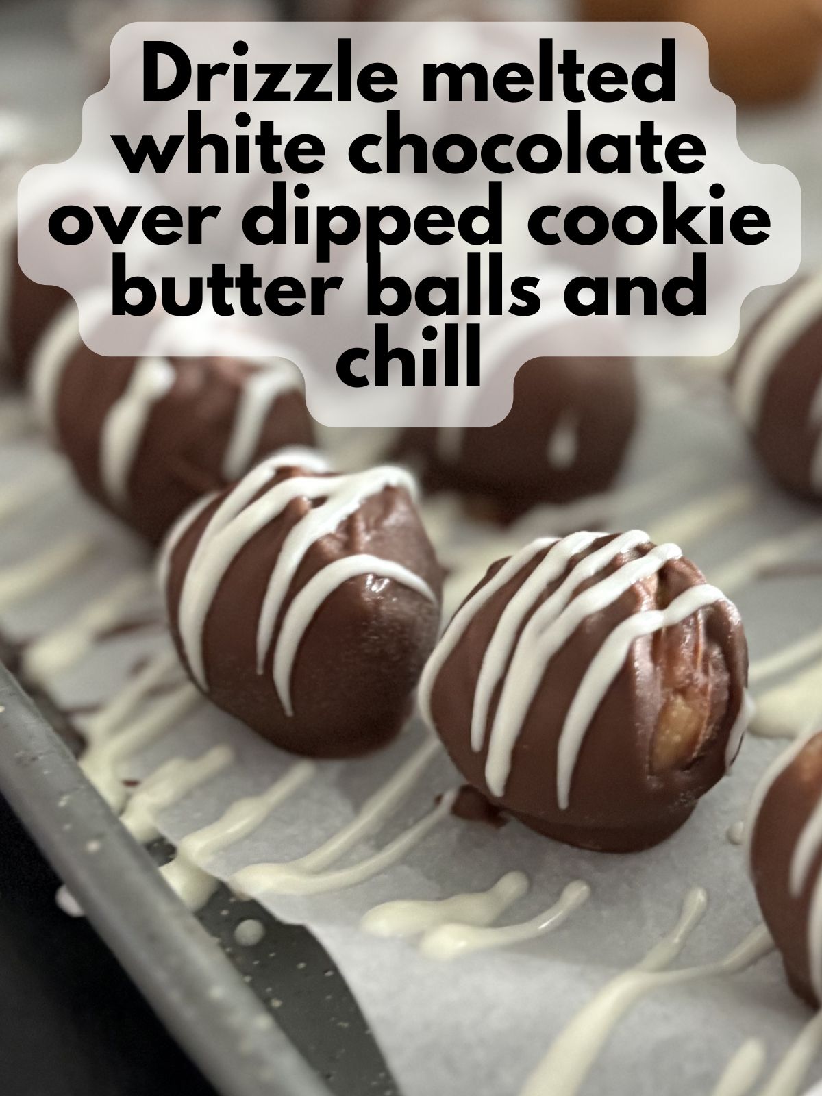 white chocolate drizzled over cookie butter truffles