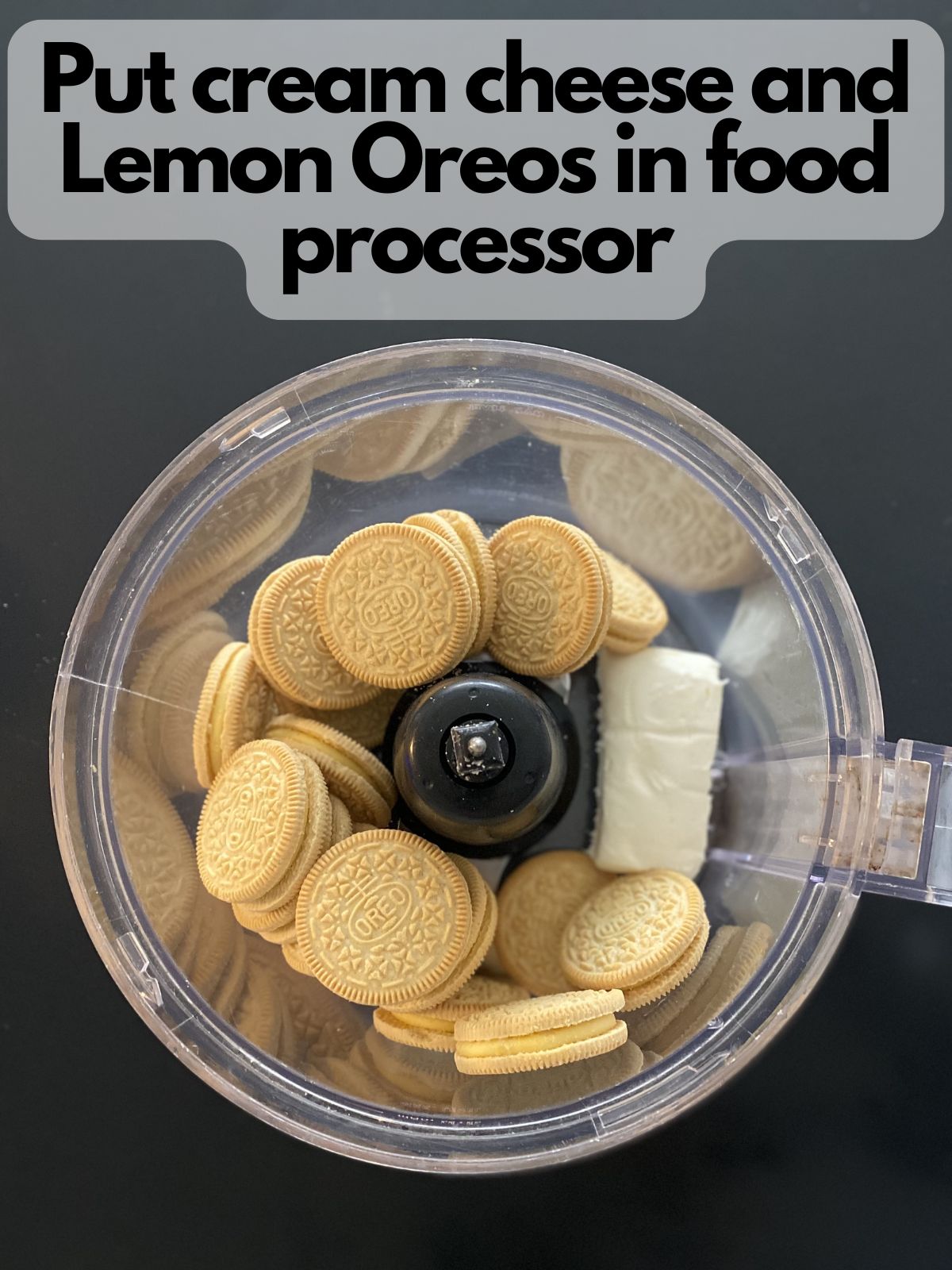 lemon oreos and cream cheese in a food processor
