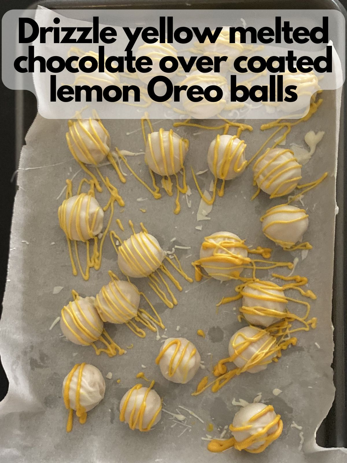 lemon oreo balls drizzled with yellow chocolate