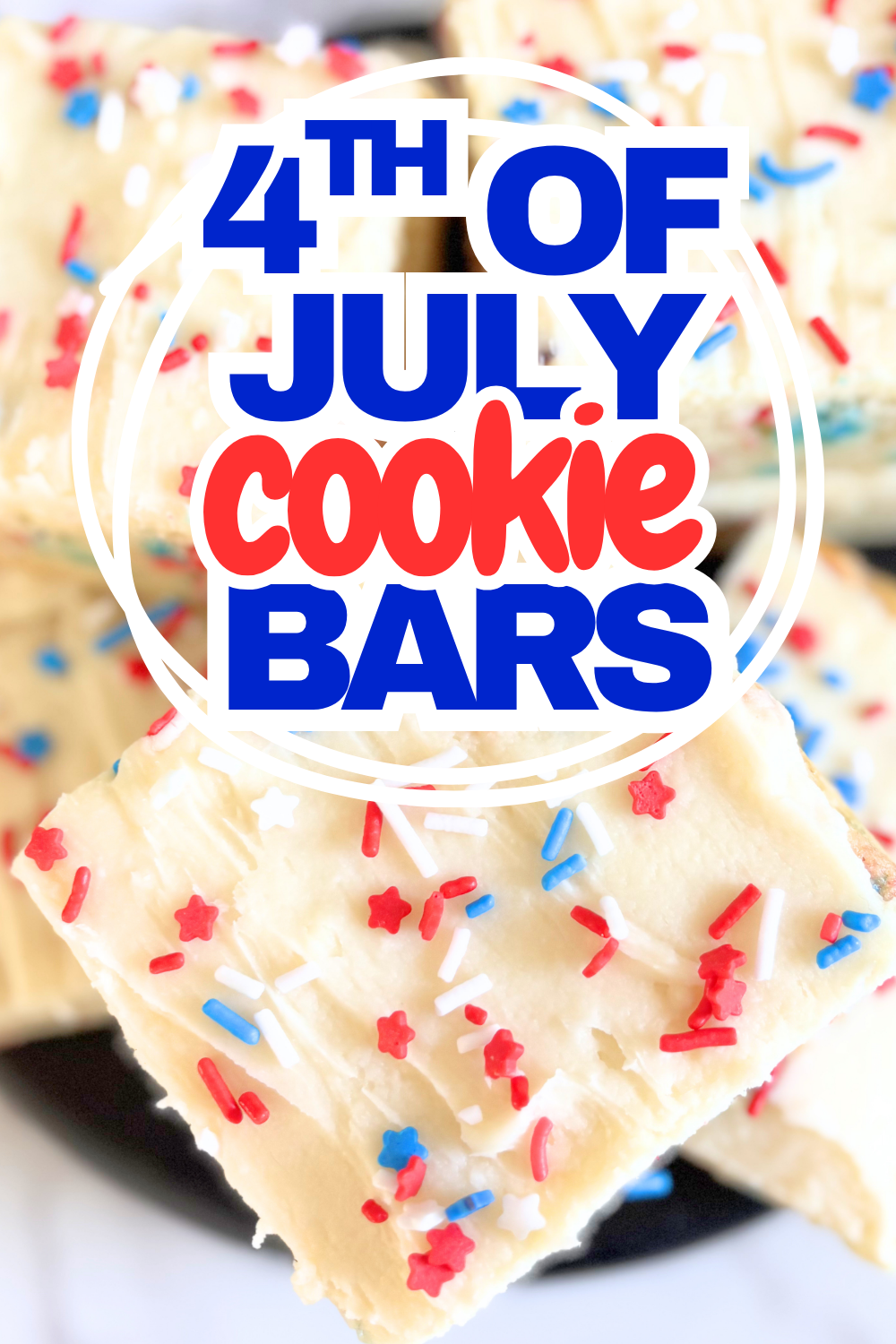 These 4th of July cookie bars are soft frosted sugar cookie bars topped with patriotic sprinkles. An easy homemade dessert for summer parties and Fourth of July treats.