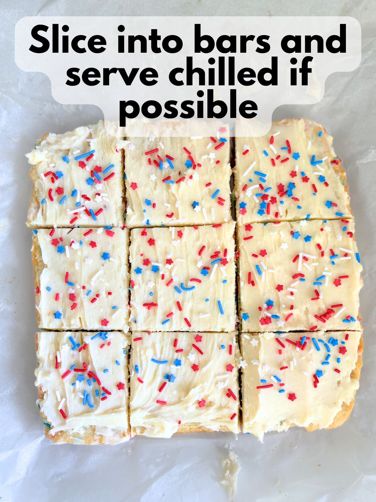 frosted 4th of July cookie bars cut into slices
