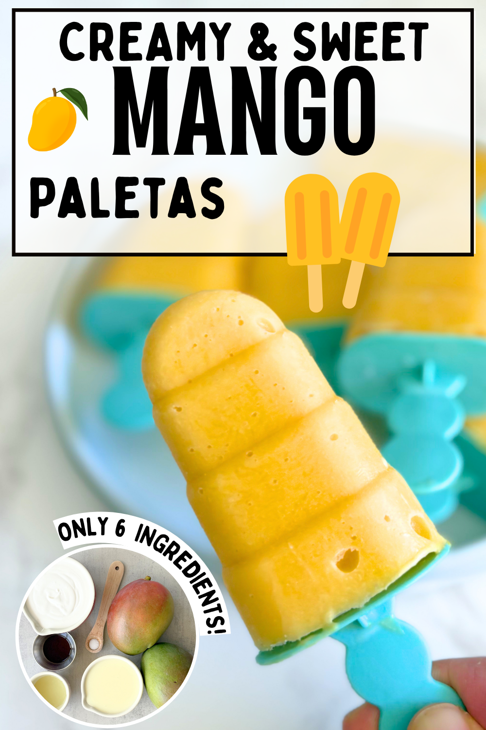Cool off with easy Mango Paletas made from ripe mango, coconut milk, sweetened condensed milk, and lime. A creamy no bake dessert perfect for cinco de mayo party food or anytime you want pretty, fruity treats with just a few ingredients