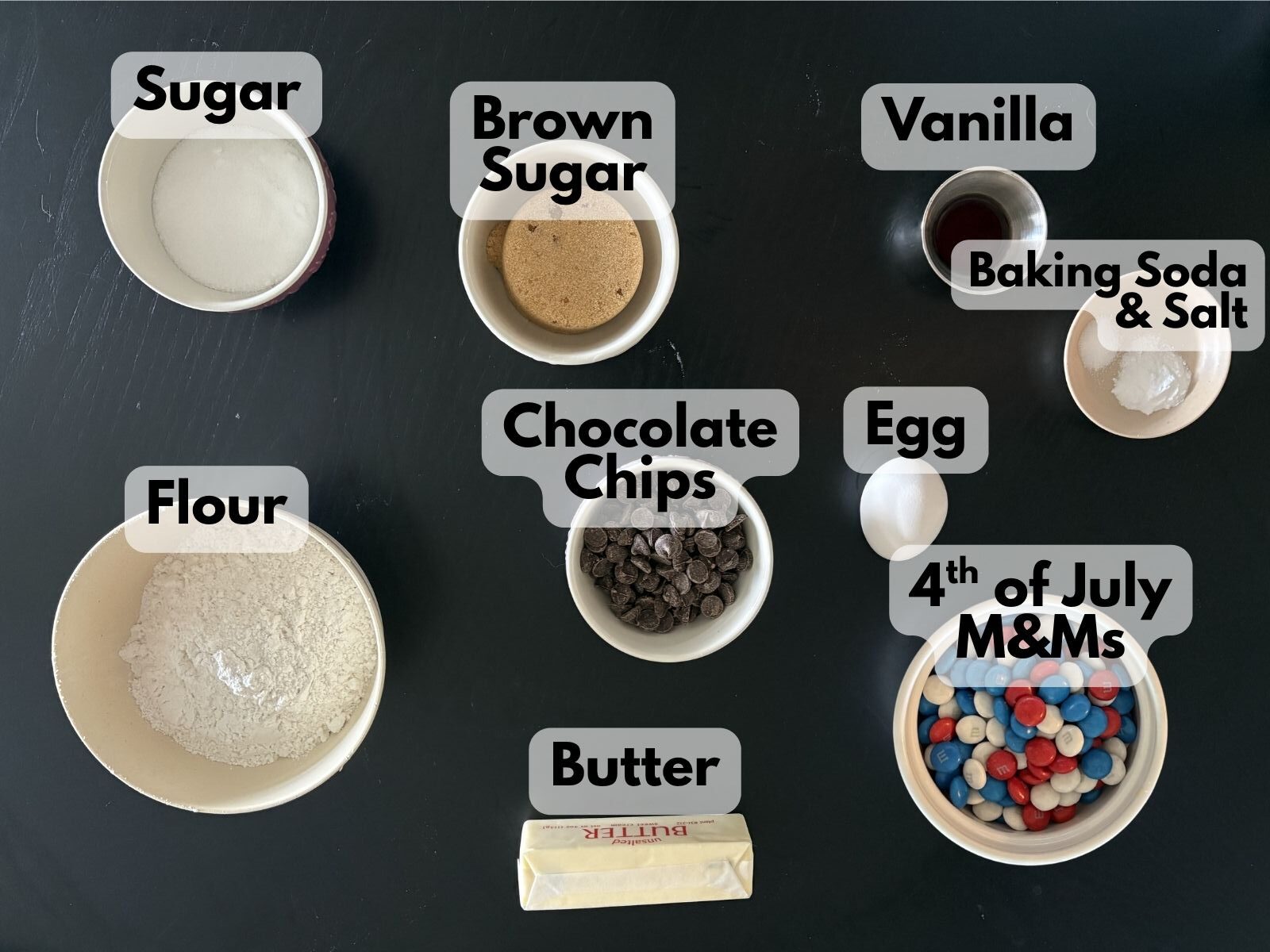 4th of July M&M cookie bars ingredients