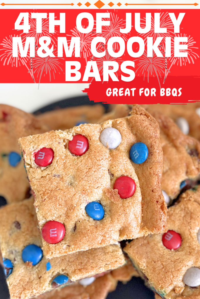 Make soft and chewy 4th of July M&M cookie bars with chocolate chips and festive red, white, and blue M&Ms. An easy dessert for summer parties!