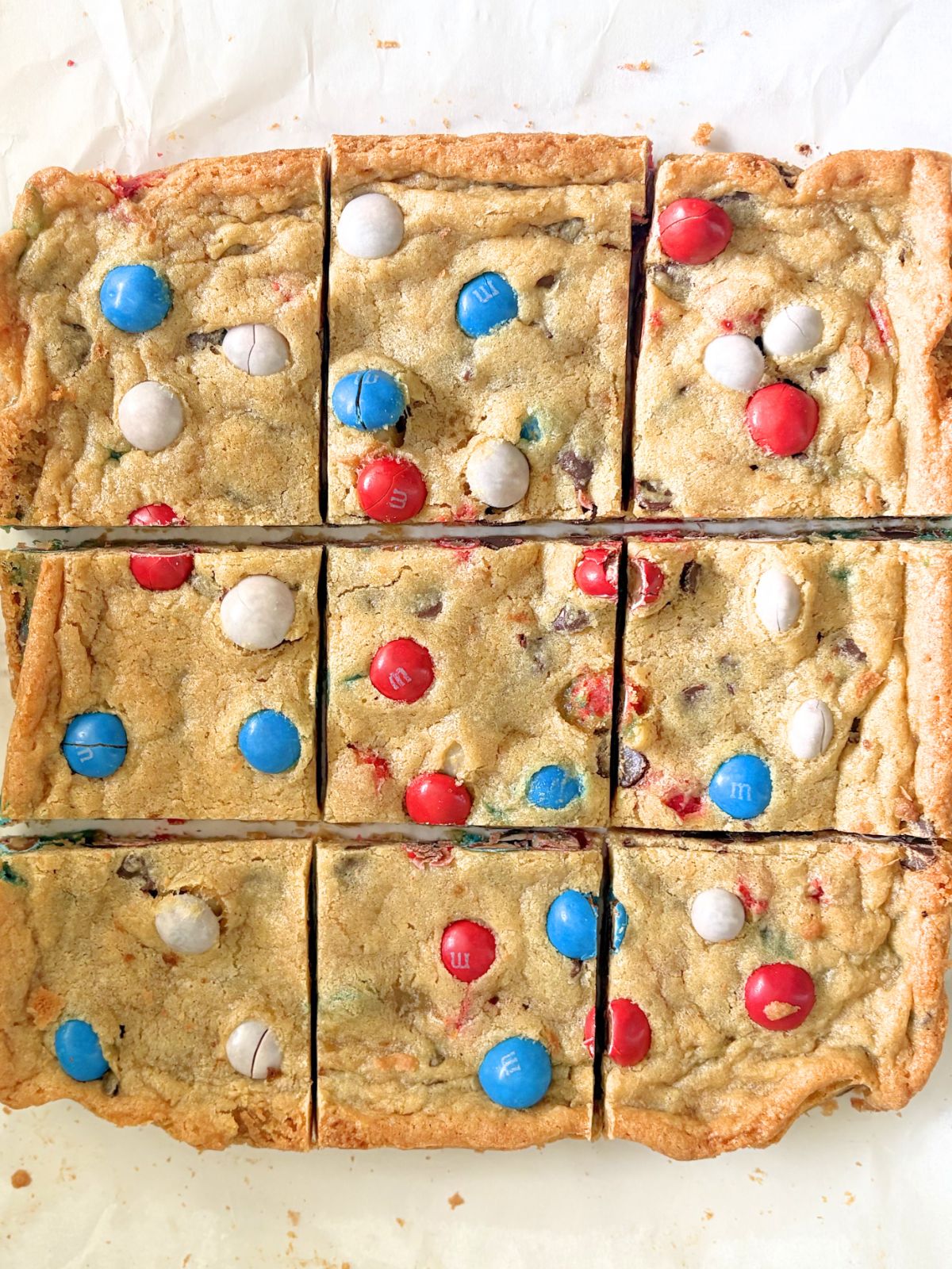 4th of July Peanut Butter M&M Cookie Bars sliced