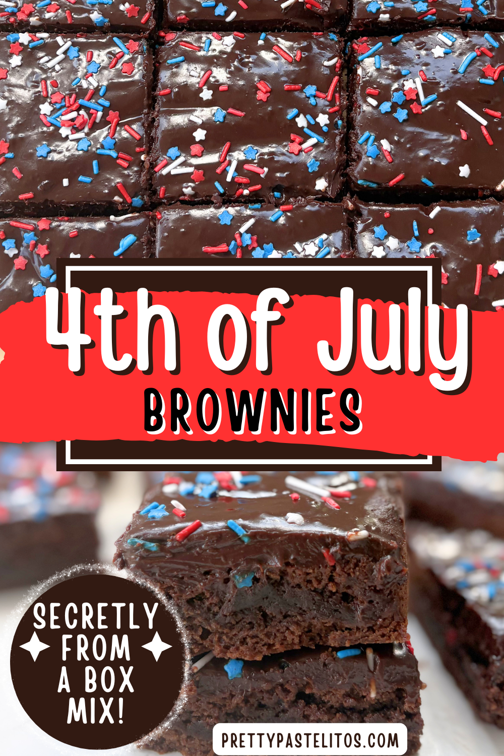 Make easy 4th of July Brownies with a boxed mix, rich chocolate ganache, and red, white, and blue sprinkles. Perfect for July 4th desserts, these simple desserts look bakery worthy but come together fast for busy holiday schedules.  