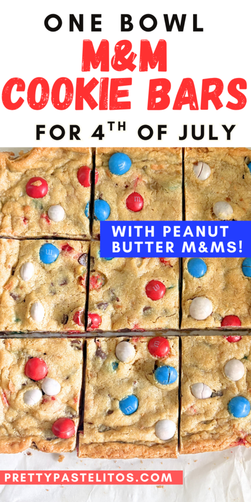 These easy 4th of July Peanut Butter M&M Cookie Bars are soft, chewy, and packed with chocolate chips and red, white, and blue Peanut Butter M&Ms. Perfect for July 4th desserts you can make ahead for parties, barbecues, and potlucks. 