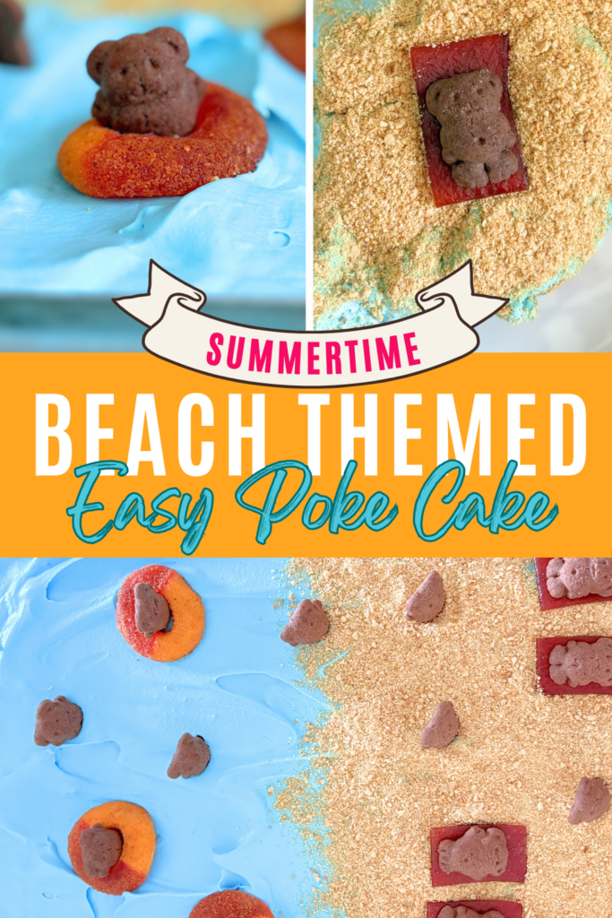 Make this easy Beach Poke Cake with white cake mix, sweetened condensed milk, and a blue Cool Whip “ocean,” topped with graham cracker “sand” and Teddy Grahams for the cutest summer dessert that busy bakers can pull off in no time. 