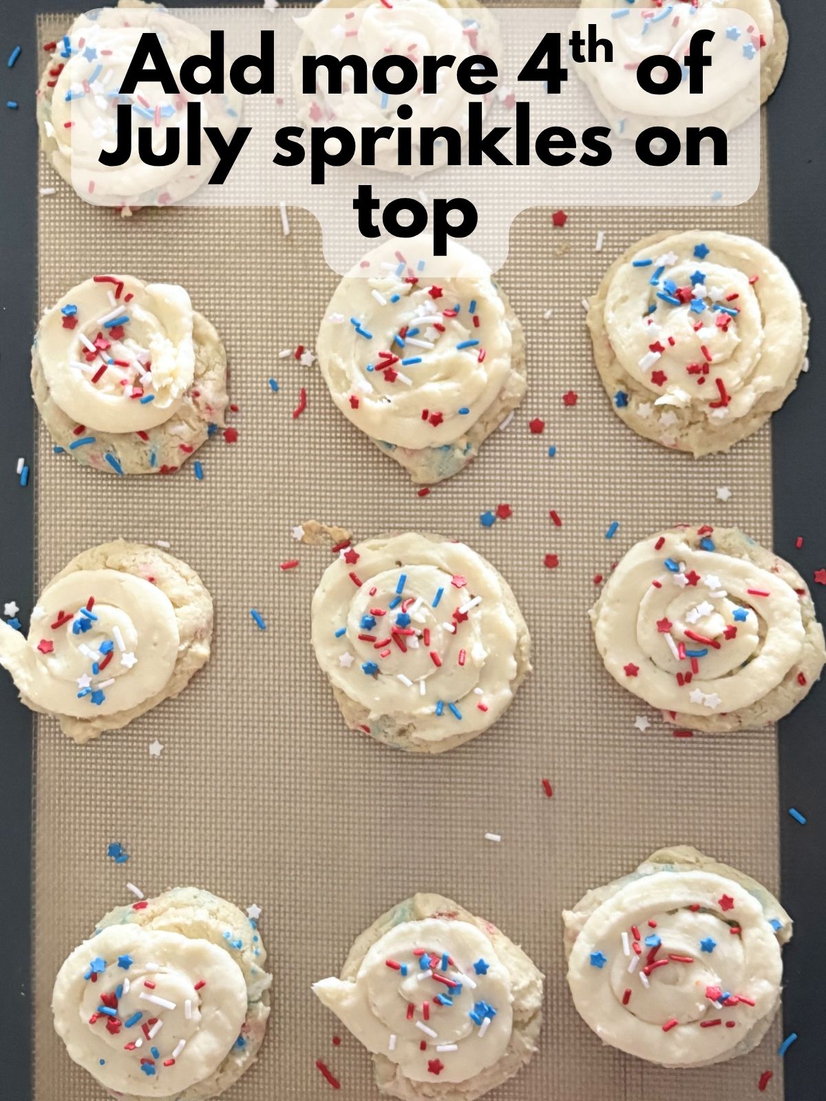 4th of July sprinkles on top of frosted cake mix cookies