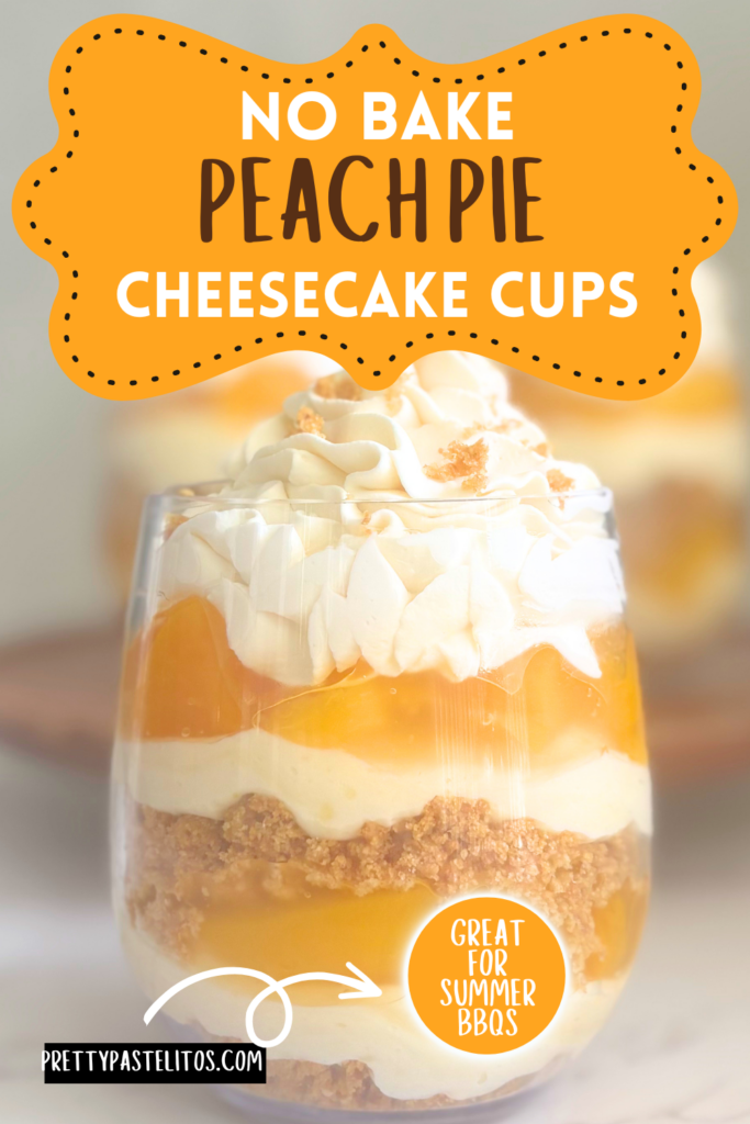 These Peach Pie Cheesecake Cups are an easy no-bake dessert with creamy cheesecake filling, graham cracker crumbs, and sweet peach pie filling.