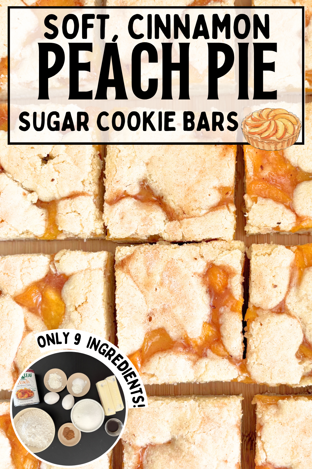 Soft and buttery Peach Pie Cookie Bars with canned peach pie filling, warm cinnamon and a sweet cinnamon sugar topping. An easy, pretty dessert that tastes like peach pie in bar form; perfect for busy bakers, potlucks and summer gatherings.  