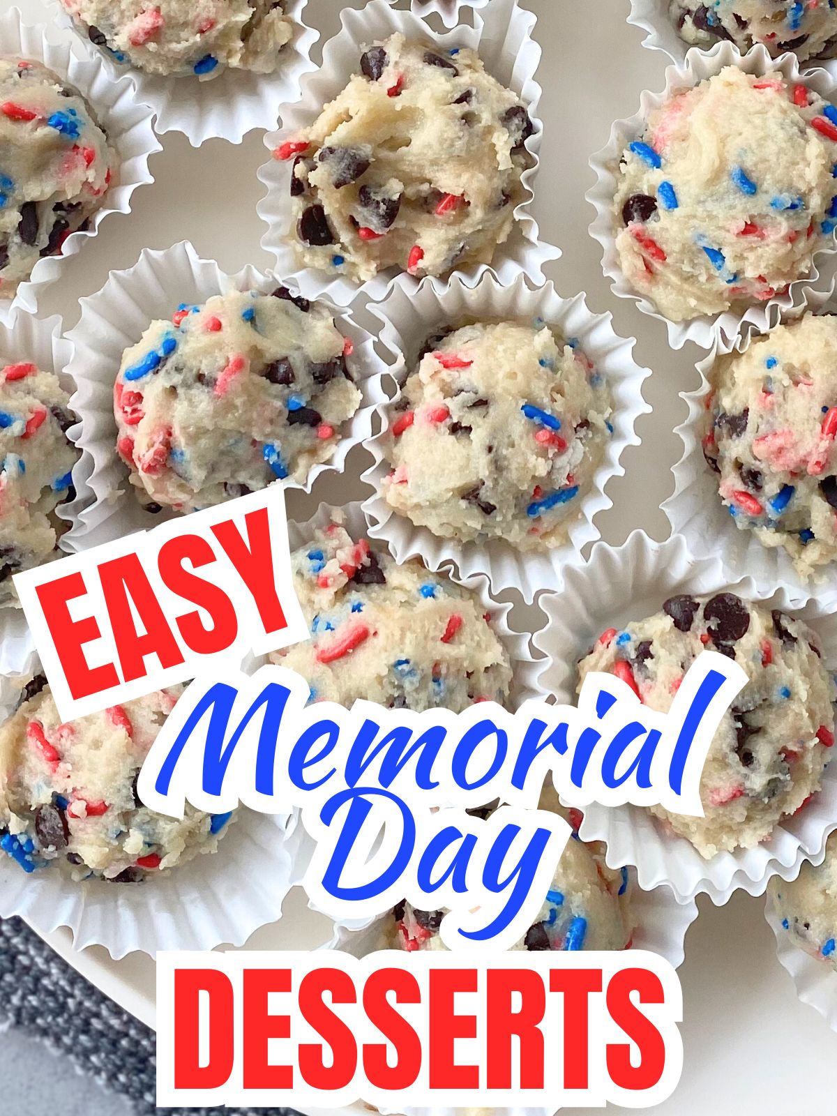 red, white and blue cookie dough balls