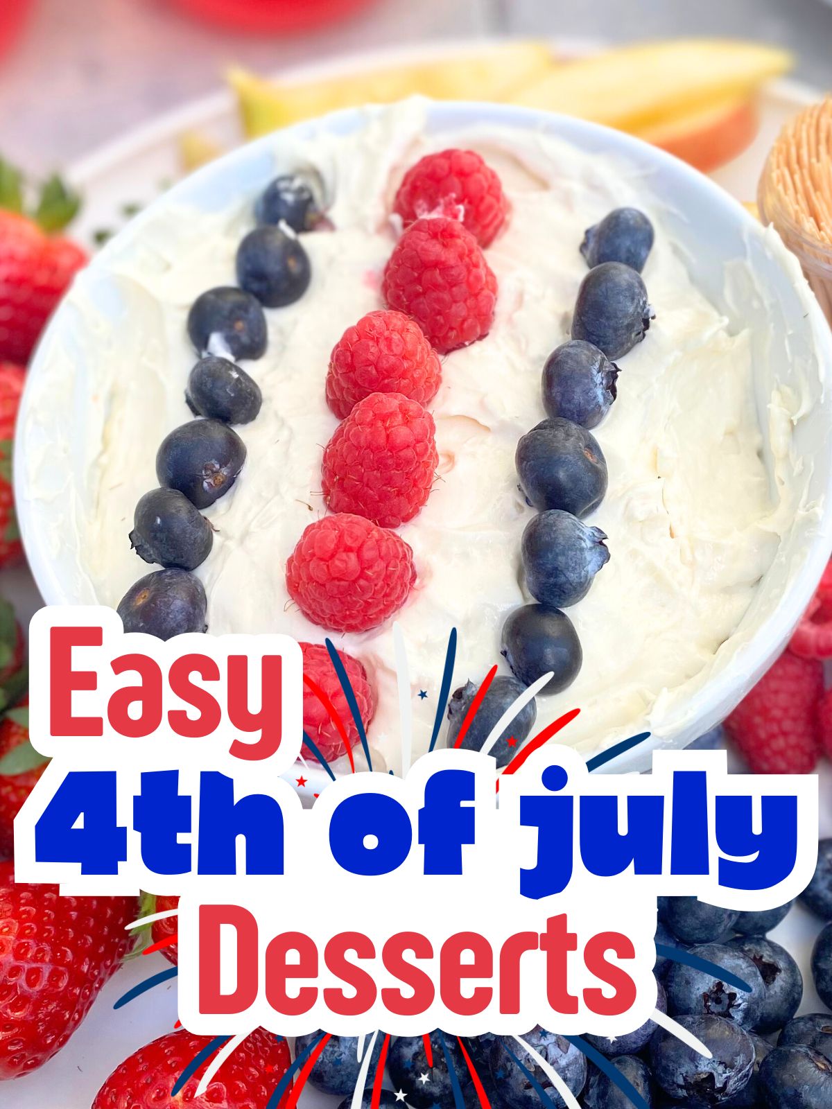 red, white and blue fruit dip